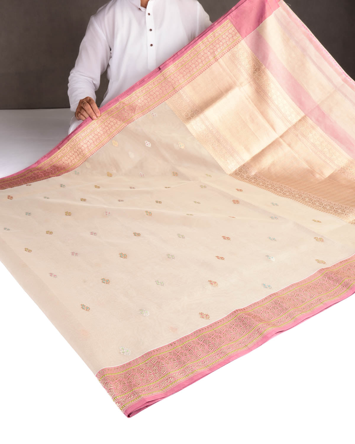 Beige Gold & Silver Zari & Resham Buti Kadhuan Brocade Handwoven Kora Silk Banarasi Saree