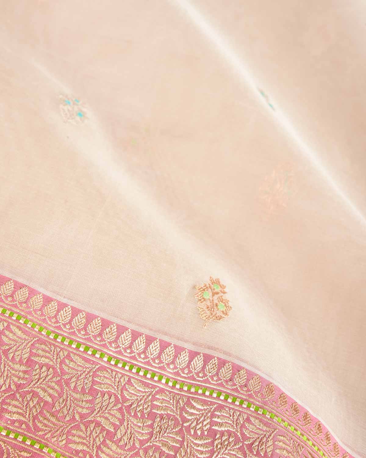 Beige Gold & Silver Zari & Resham Buti Kadhuan Brocade Handwoven Kora Silk Banarasi Saree