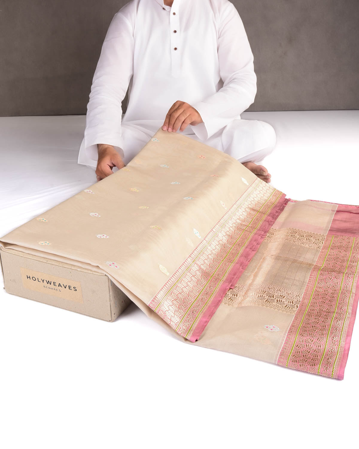 Beige Gold & Silver Zari & Resham Buti Kadhuan Brocade Handwoven Kora Silk Banarasi Saree