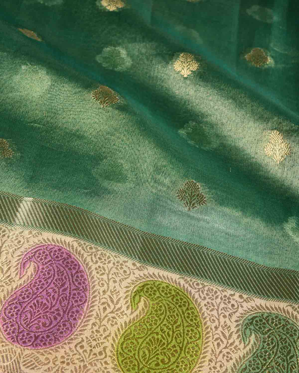Metallic Green Hand Brush Dye Paisley Border Cutwork Brocade Woven Kora Tissue Banarasi Saree