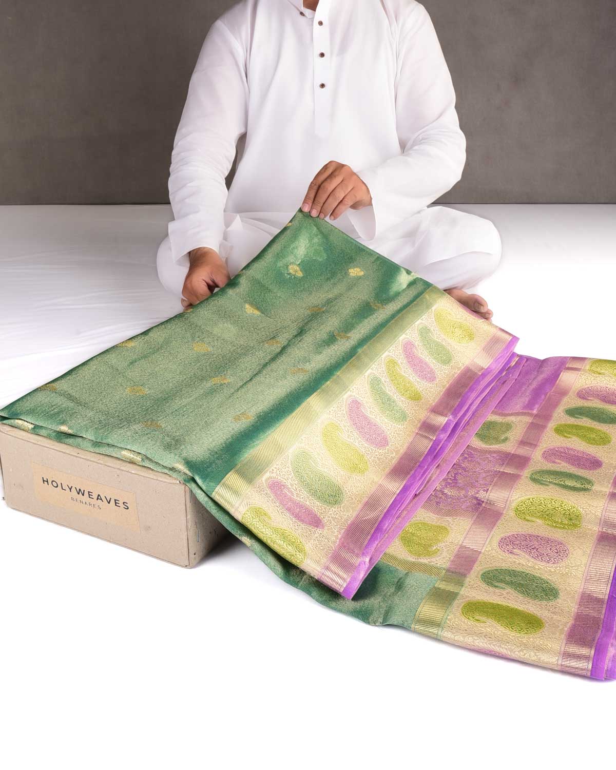 Metallic Green Hand Brush Dye Paisley Border Cutwork Brocade Woven Kora Tissue Banarasi Saree