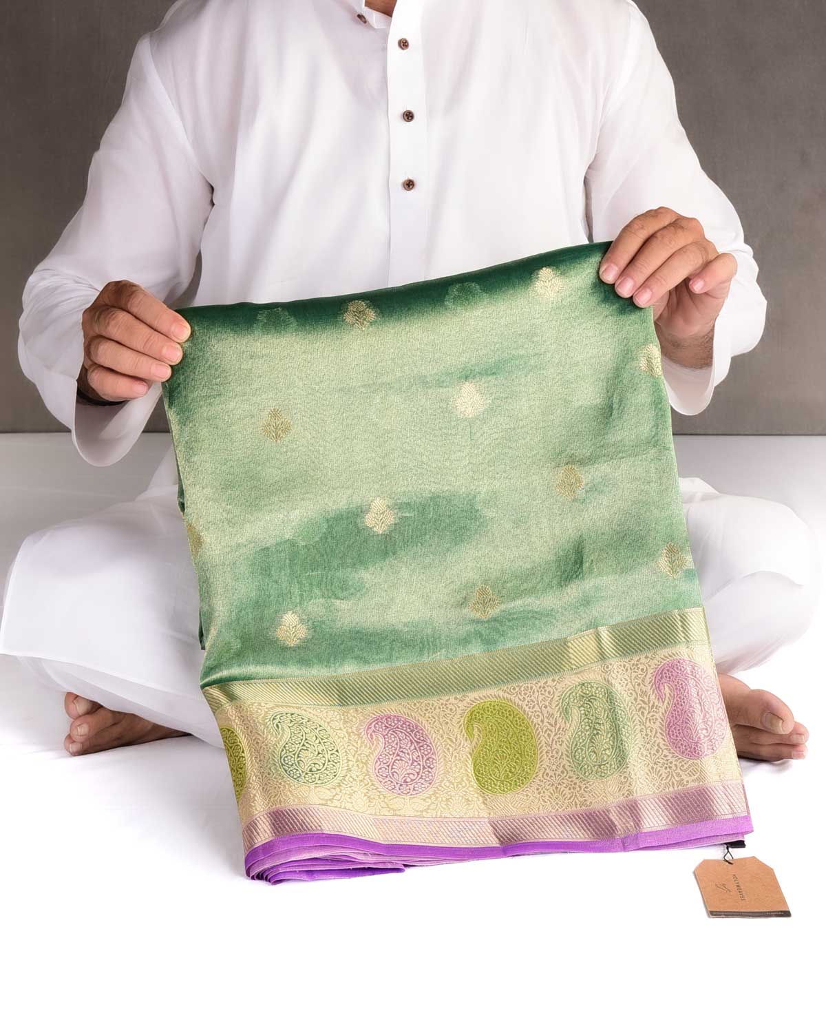Metallic Green Hand Brush Dye Paisley Border Cutwork Brocade Woven Kora Tissue Banarasi Saree