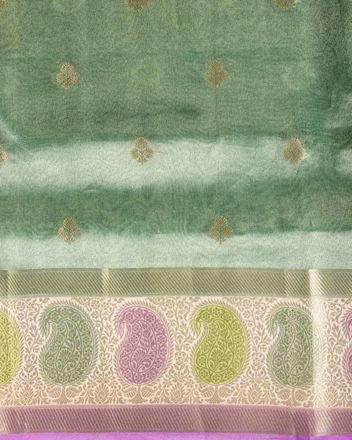 Metallic Green Hand Brush Dye Paisley Border Cutwork Brocade Woven Kora Tissue Banarasi Saree