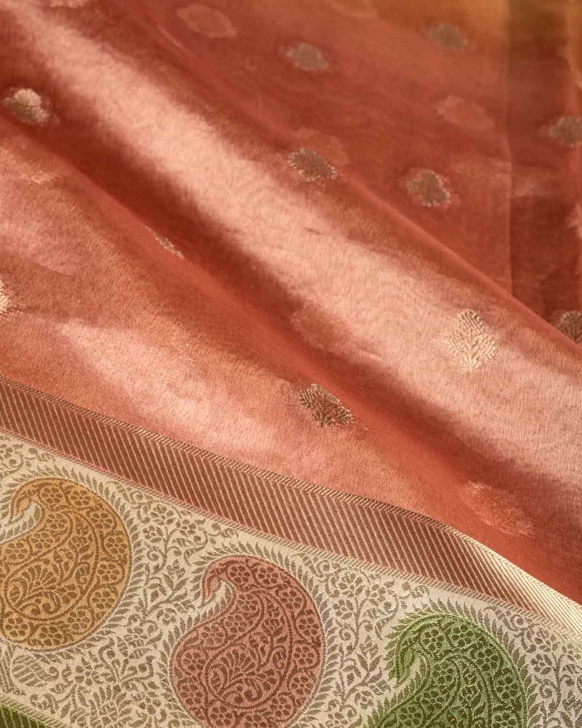 Metallic Ombre Beige Maroon Hand Brush Dye Paisley Border Cutwork Brocade Woven Kora Tissue Banarasi Saree