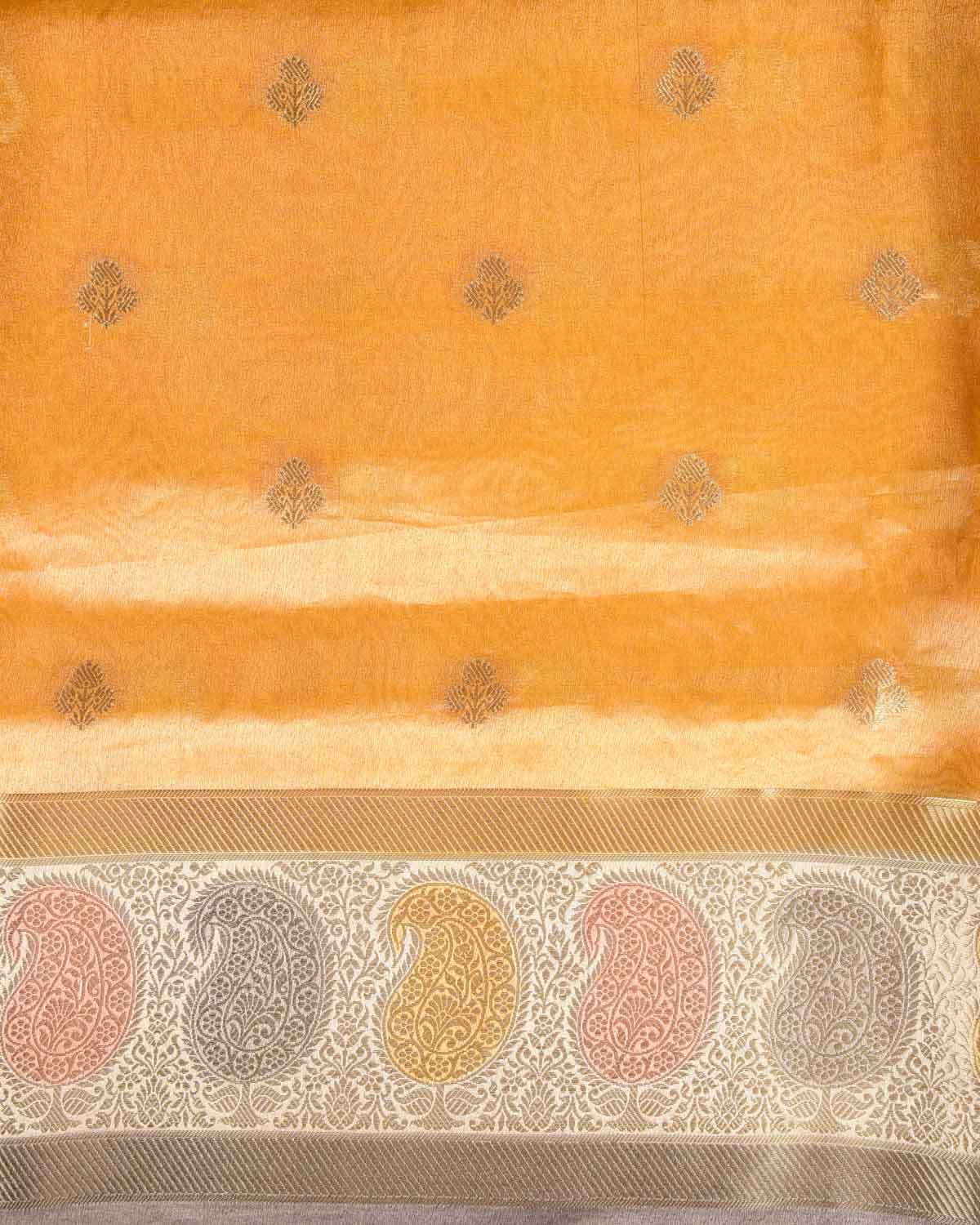 Metallic Ombre Pink-Yellow Hand Brush Dye Paisley Border Cutwork Brocade Woven Kora Tissue Banarasi Saree