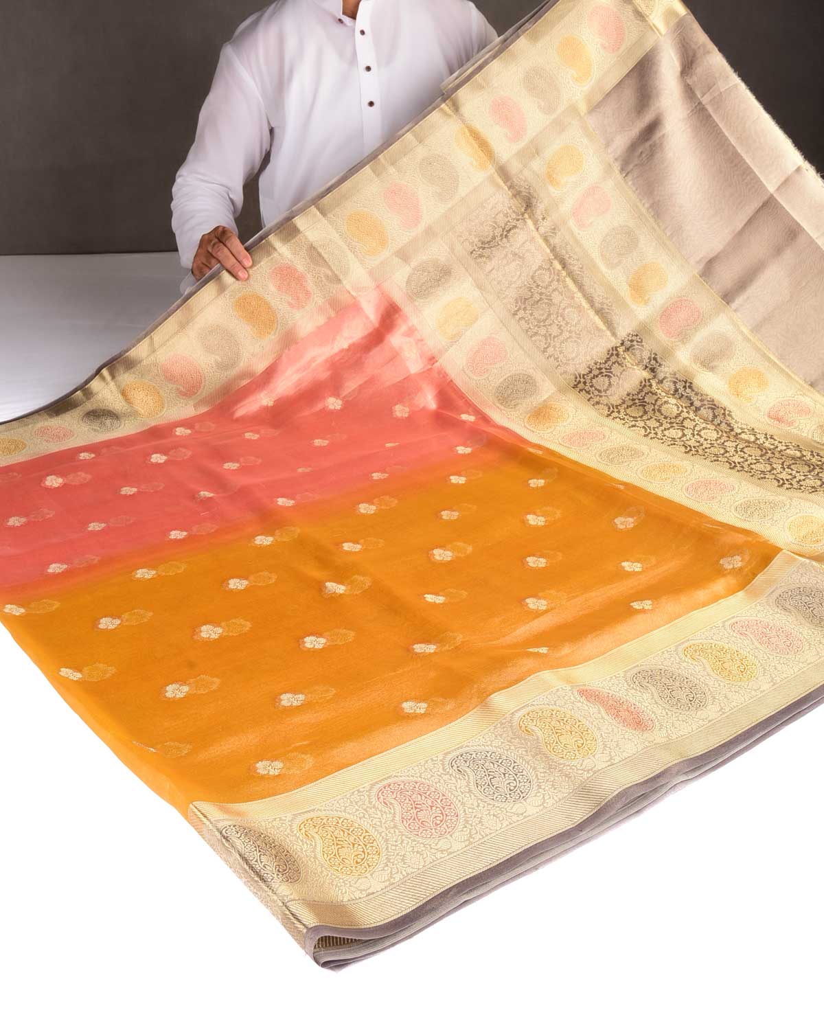 Metallic Ombre Pink-Yellow Hand Brush Dye Paisley Border Cutwork Brocade Woven Kora Tissue Banarasi Saree