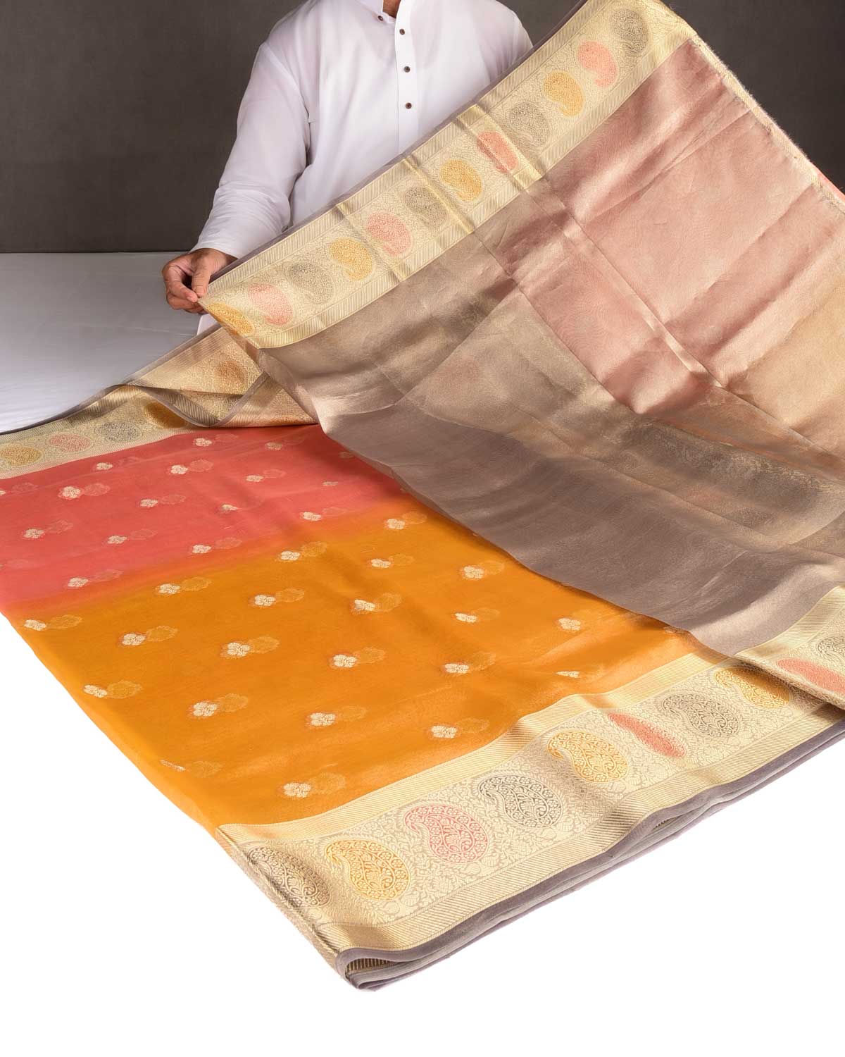 Metallic Ombre Pink-Yellow Hand Brush Dye Paisley Border Cutwork Brocade Woven Kora Tissue Banarasi Saree