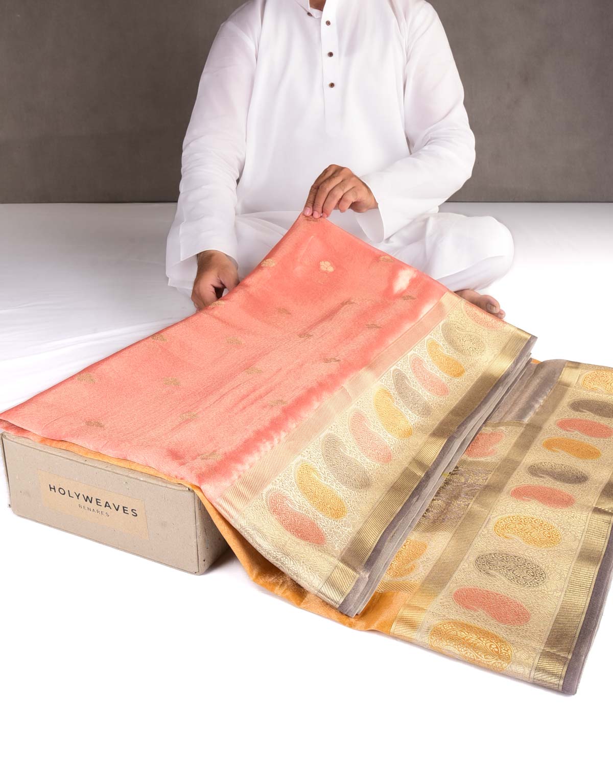 Metallic Ombre Pink-Yellow Hand Brush Dye Paisley Border Cutwork Brocade Woven Kora Tissue Banarasi Saree