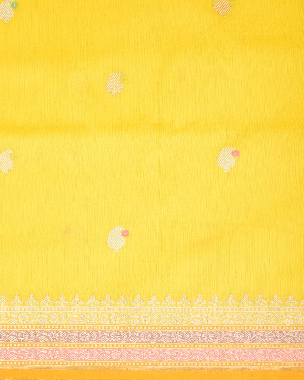 Tuscany Yellow Gold & Silver Zari & Resham Kairy Buti Kadhuan Brocade Handwoven Cotton Silk Banarasi Saree