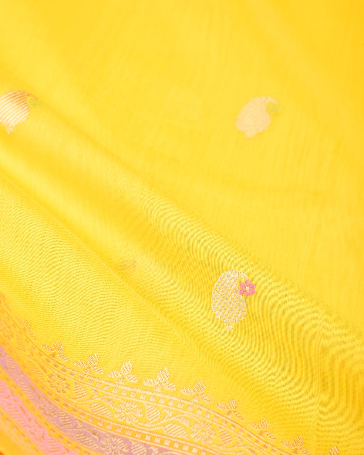 Tuscany Yellow Gold & Silver Zari & Resham Kairy Buti Kadhuan Brocade Handwoven Cotton Silk Banarasi Saree