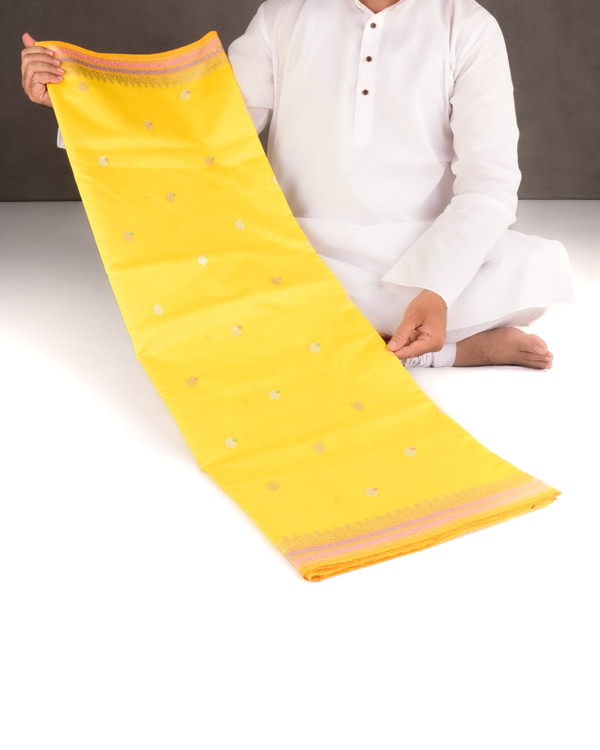 Tuscany Yellow Gold & Silver Zari & Resham Kairy Buti Kadhuan Brocade Handwoven Cotton Silk Banarasi Saree