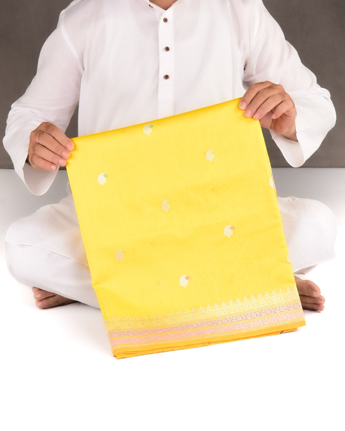 Tuscany Yellow Gold & Silver Zari & Resham Kairy Buti Kadhuan Brocade Handwoven Cotton Silk Banarasi Saree