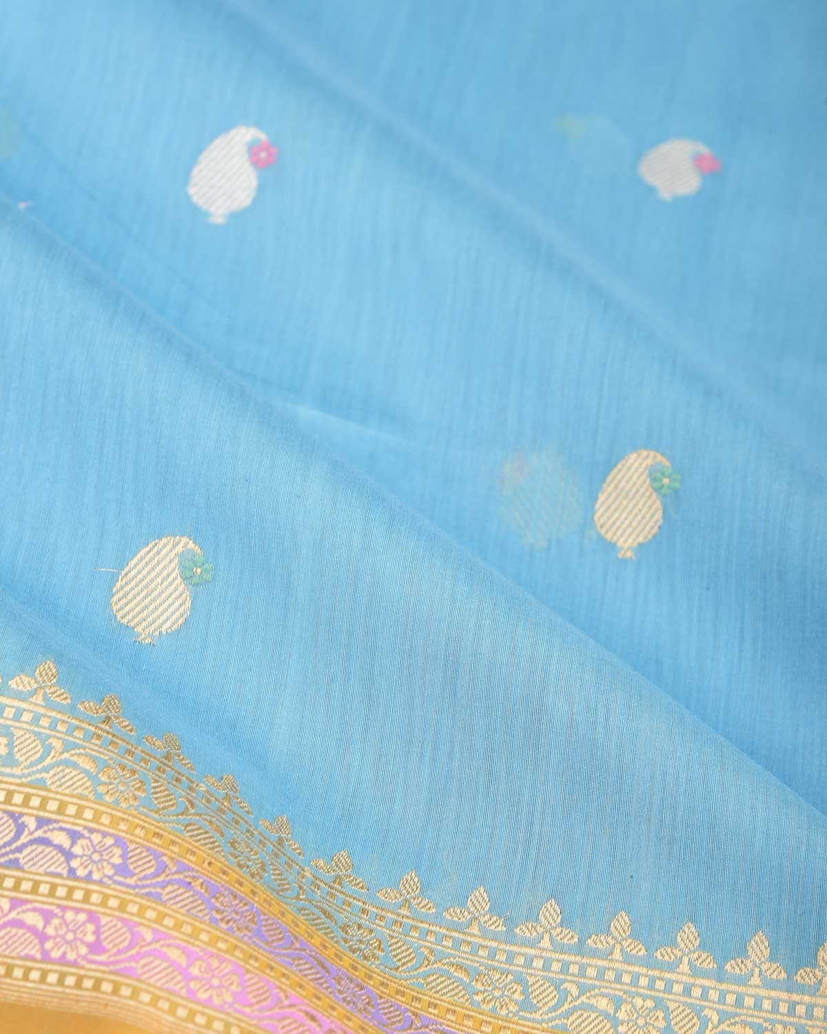 Sky Blue Gold & Silver Zari & Resham Kairy Buti Kadhuan Brocade Handwoven Cotton Silk Banarasi Saree