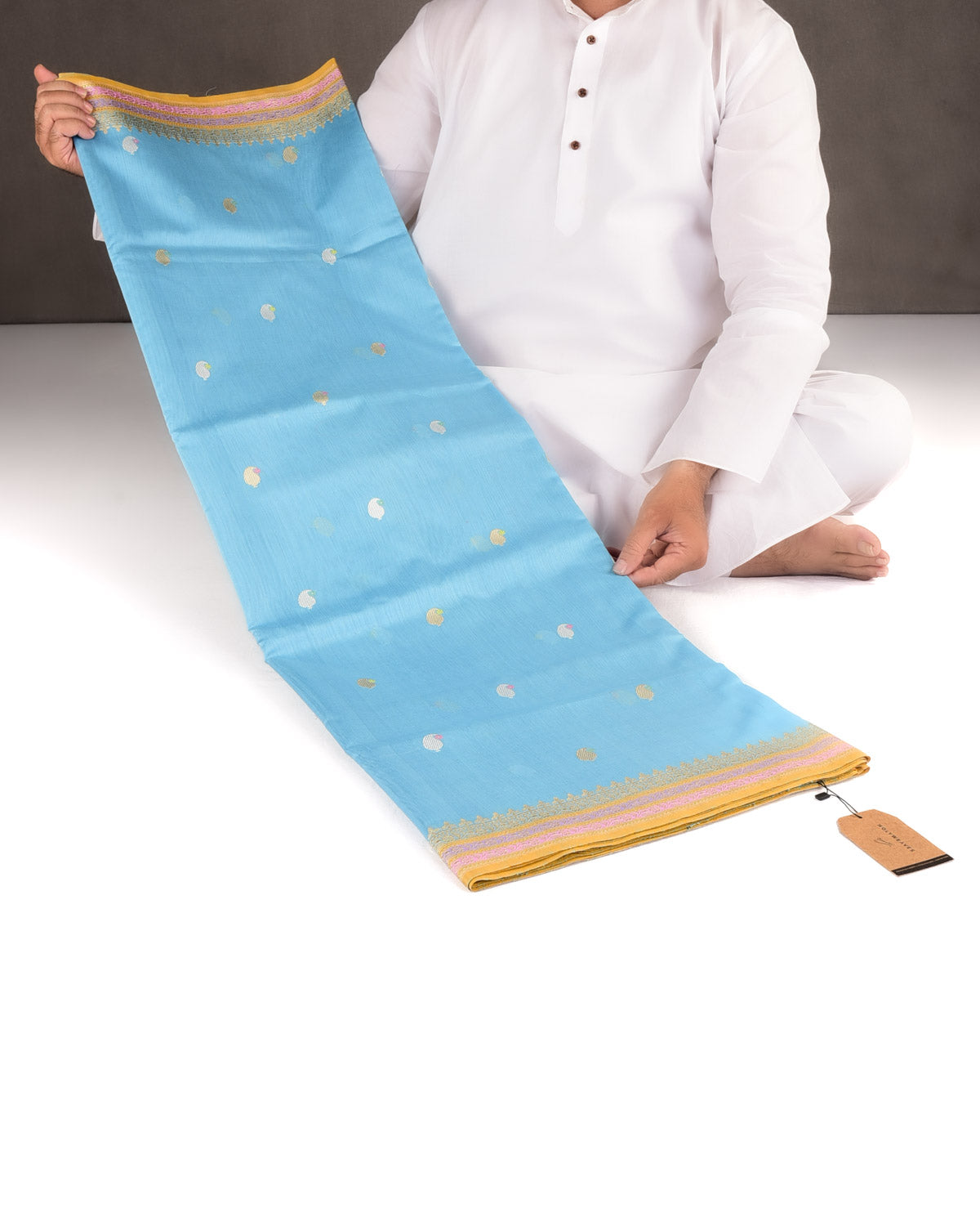 Sky Blue Gold & Silver Zari & Resham Kairy Buti Kadhuan Brocade Handwoven Cotton Silk Banarasi Saree