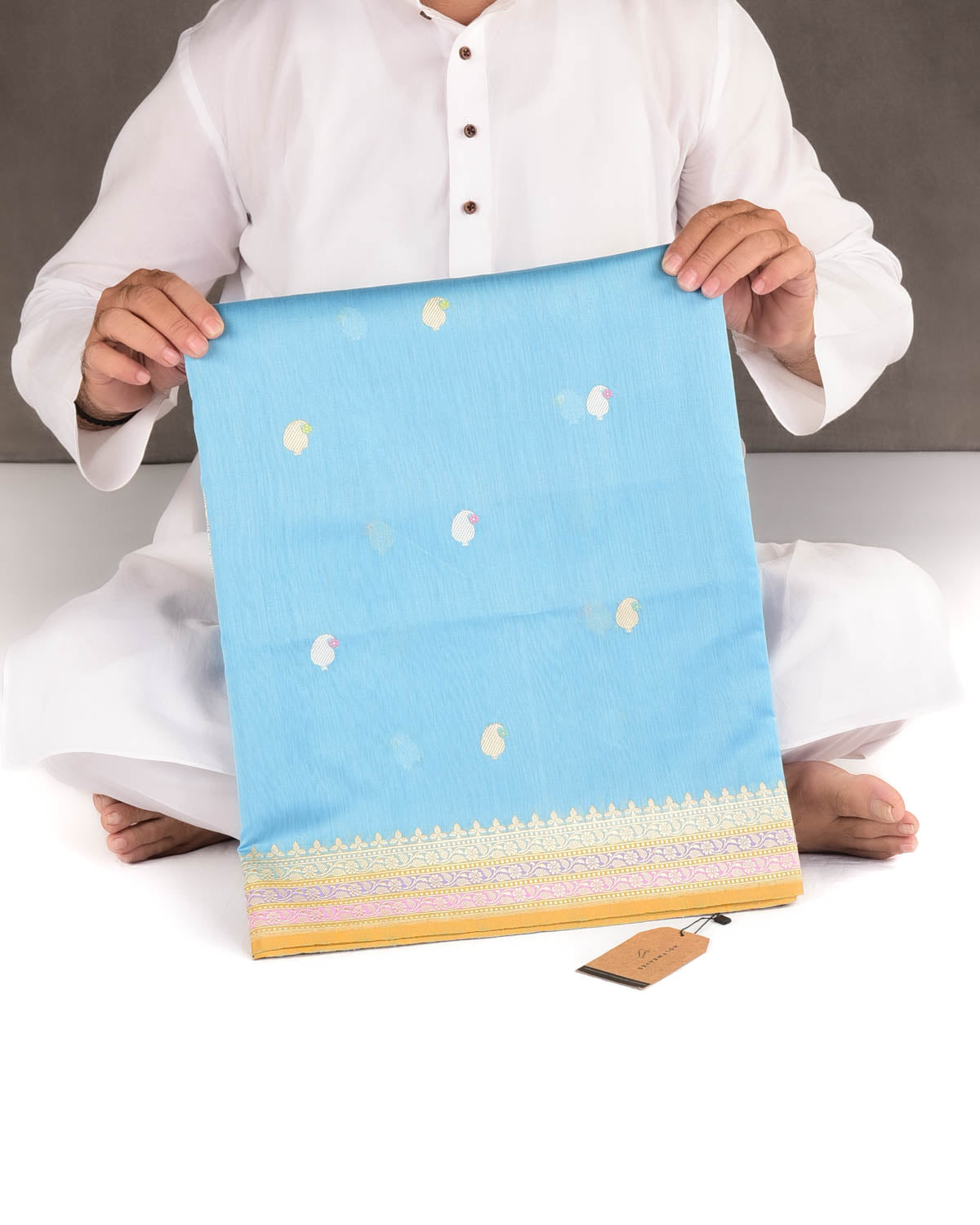 Sky Blue Gold & Silver Zari & Resham Kairy Buti Kadhuan Brocade Handwoven Cotton Silk Banarasi Saree