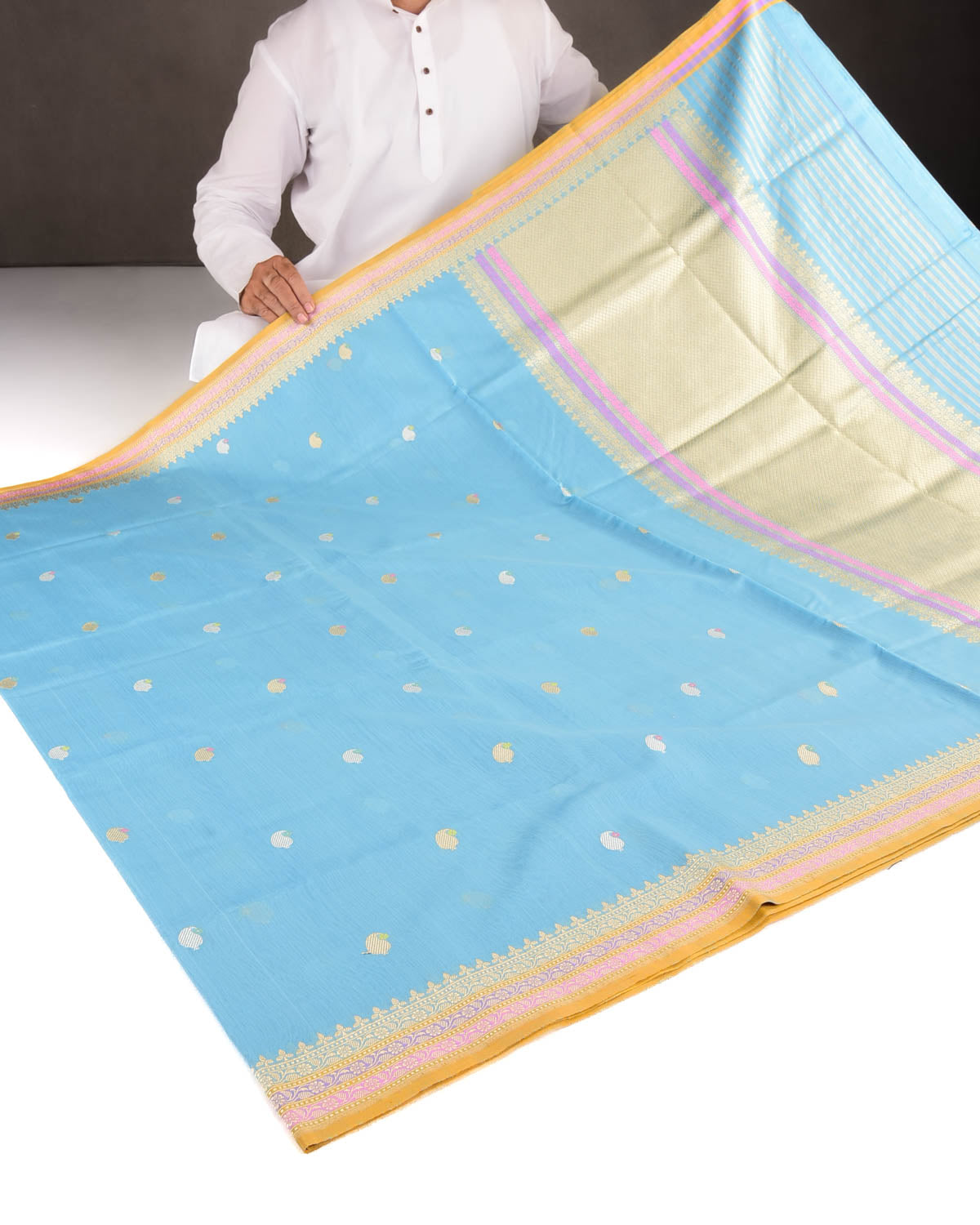 Sky Blue Gold & Silver Zari & Resham Kairy Buti Kadhuan Brocade Handwoven Cotton Silk Banarasi Saree