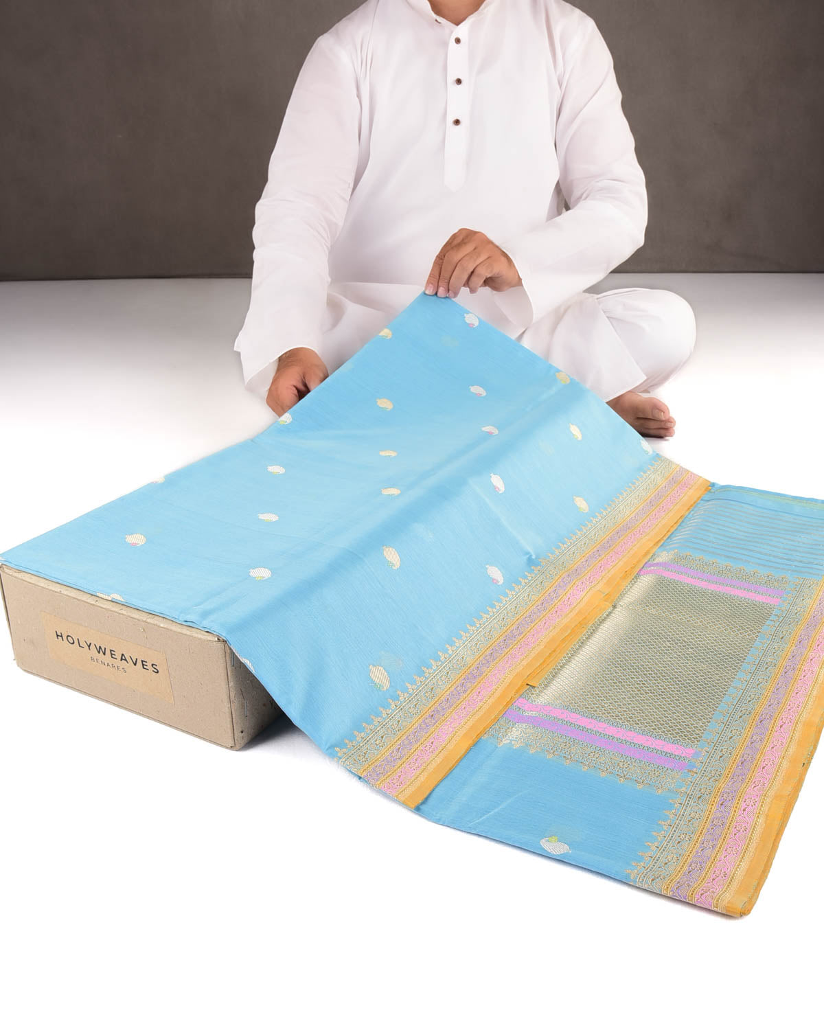 Sky Blue Gold & Silver Zari & Resham Kairy Buti Kadhuan Brocade Handwoven Cotton Silk Banarasi Saree