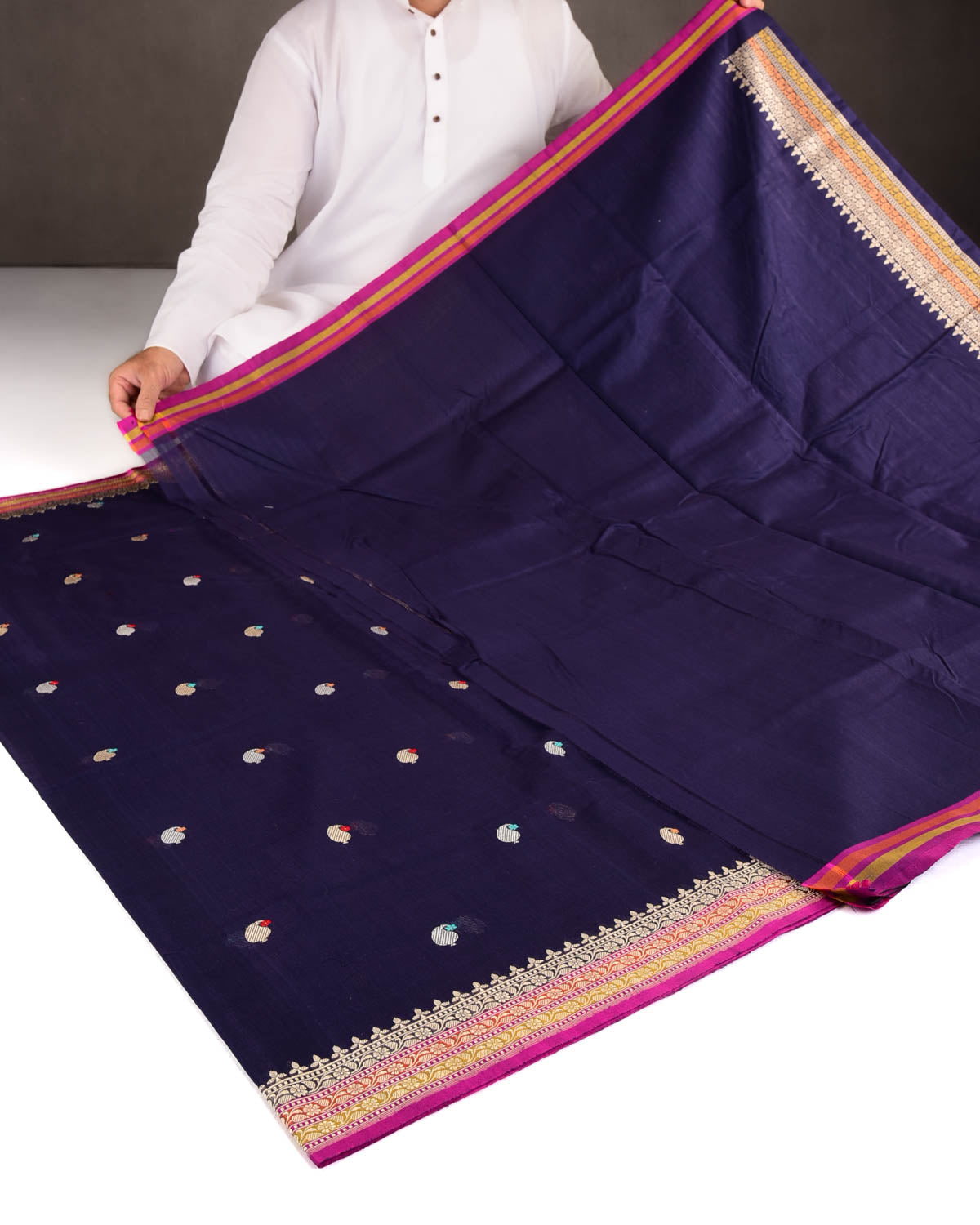 Navy Blue Gold & Silver Zari & Resham Kairy Buti Kadhuan Brocade Handwoven Cotton Silk Banarasi Saree