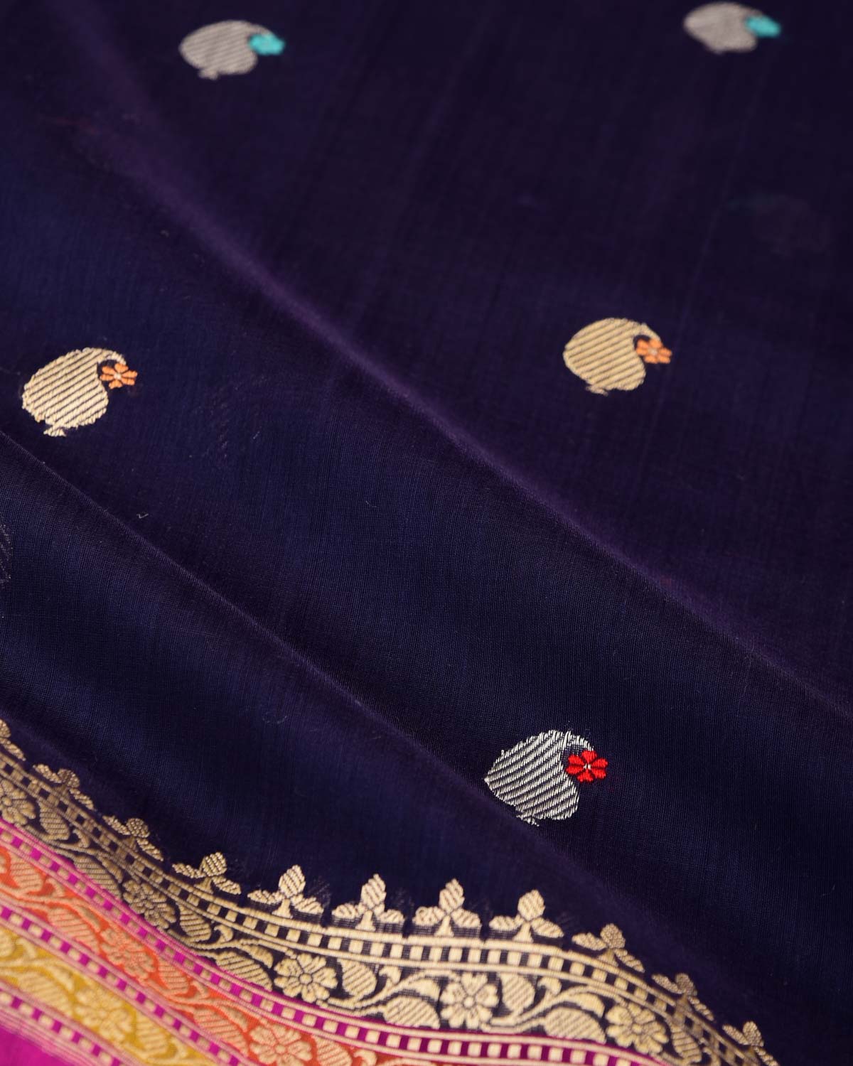 Navy Blue Gold & Silver Zari & Resham Kairy Buti Kadhuan Brocade Handwoven Cotton Silk Banarasi Saree