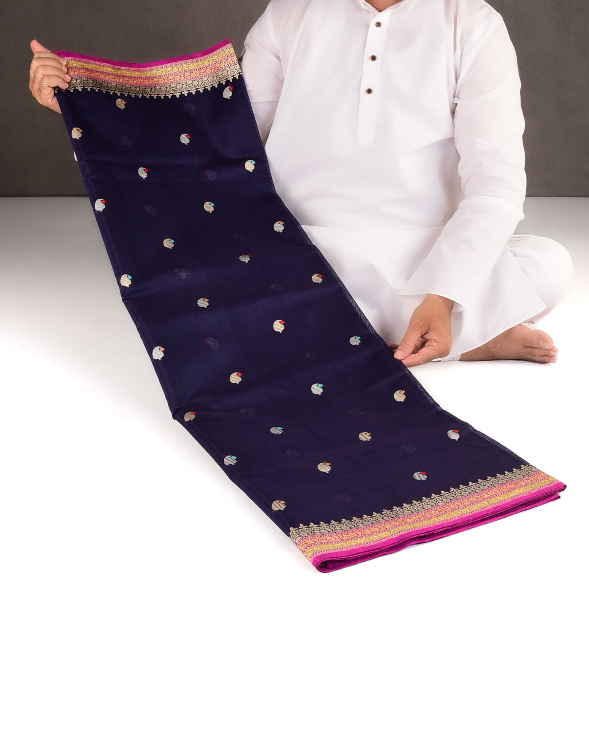 Navy Blue Gold & Silver Zari & Resham Kairy Buti Kadhuan Brocade Handwoven Cotton Silk Banarasi Saree