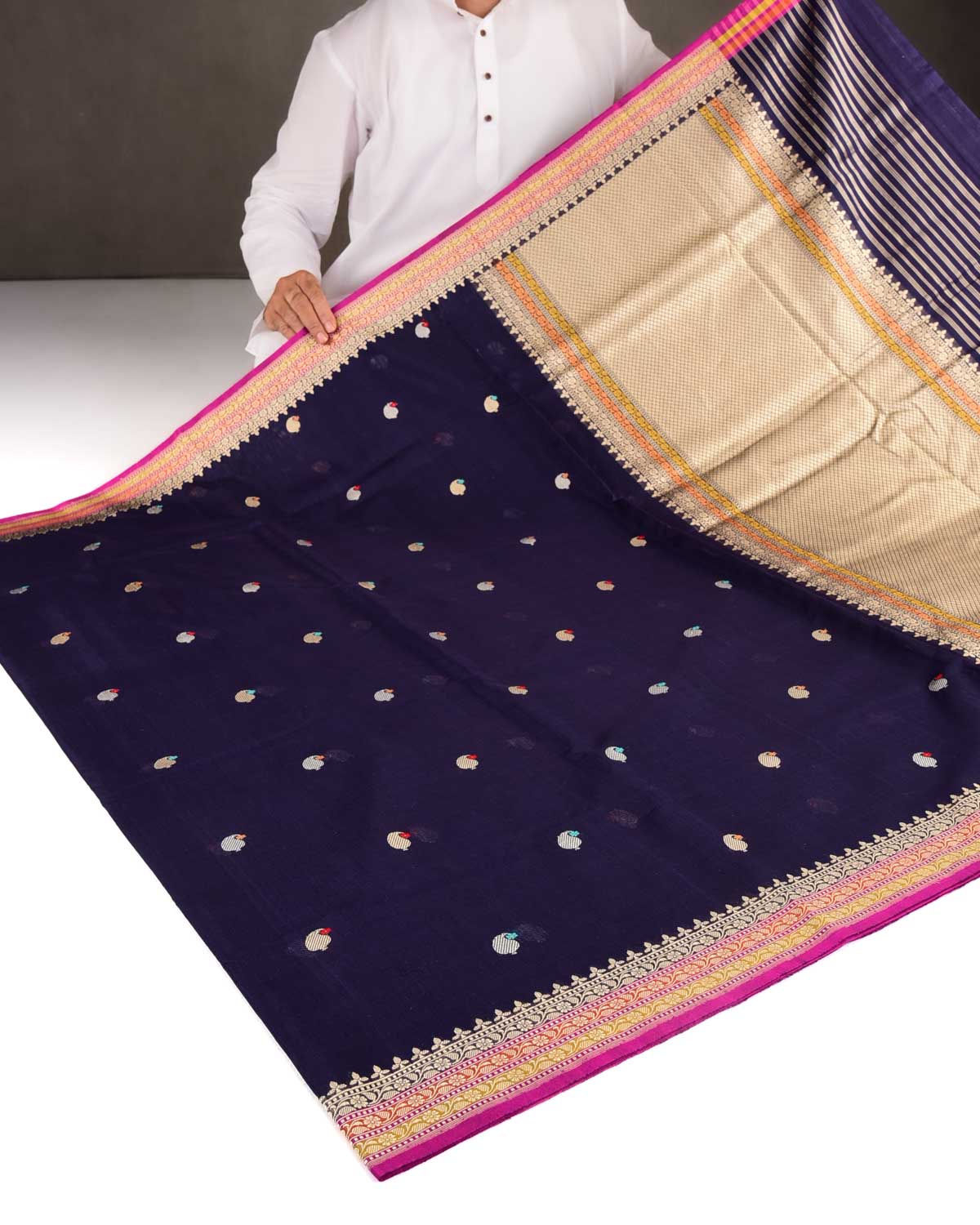 Navy Blue Gold & Silver Zari & Resham Kairy Buti Kadhuan Brocade Handwoven Cotton Silk Banarasi Saree