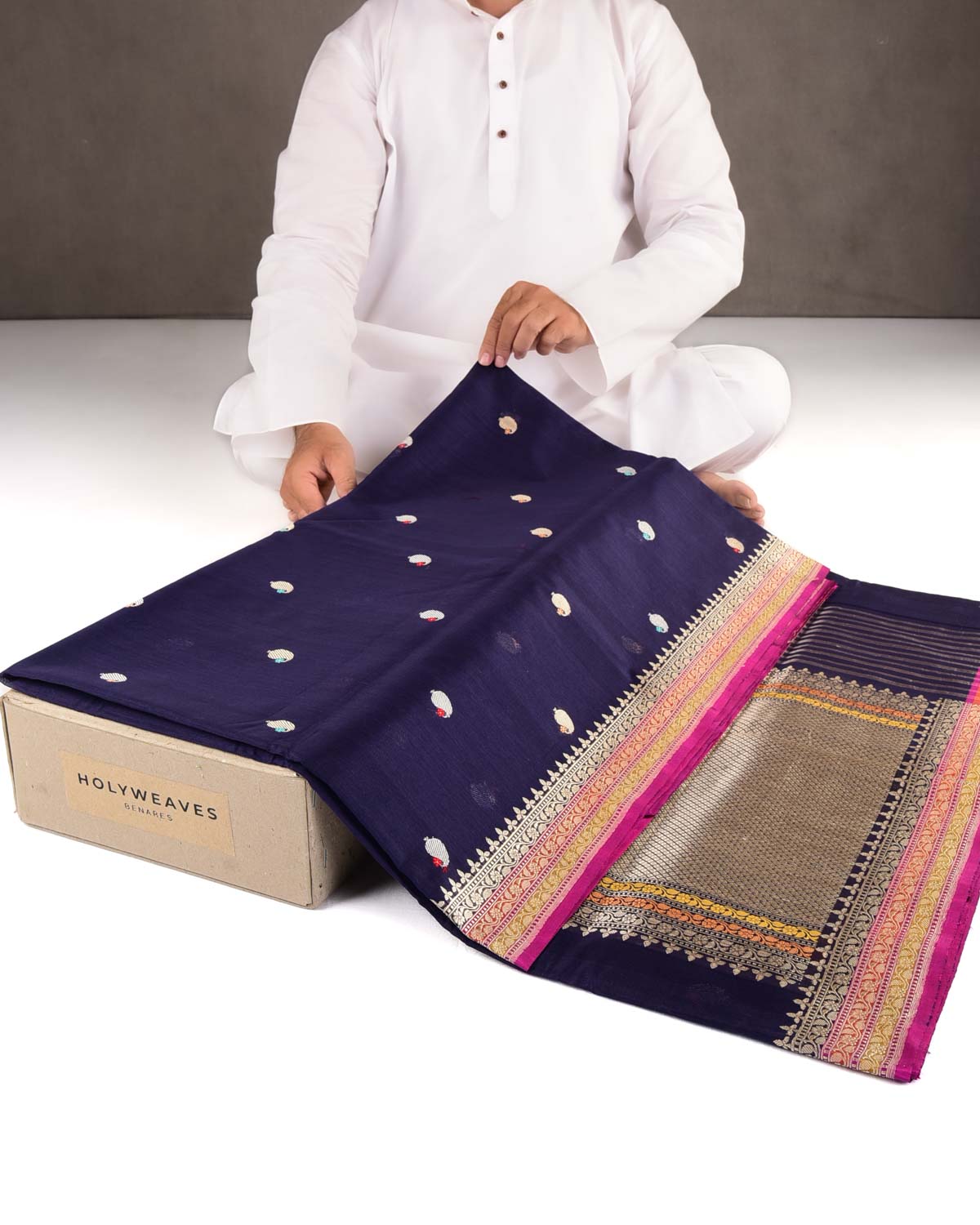 Navy Blue Gold & Silver Zari & Resham Kairy Buti Kadhuan Brocade Handwoven Cotton Silk Banarasi Saree