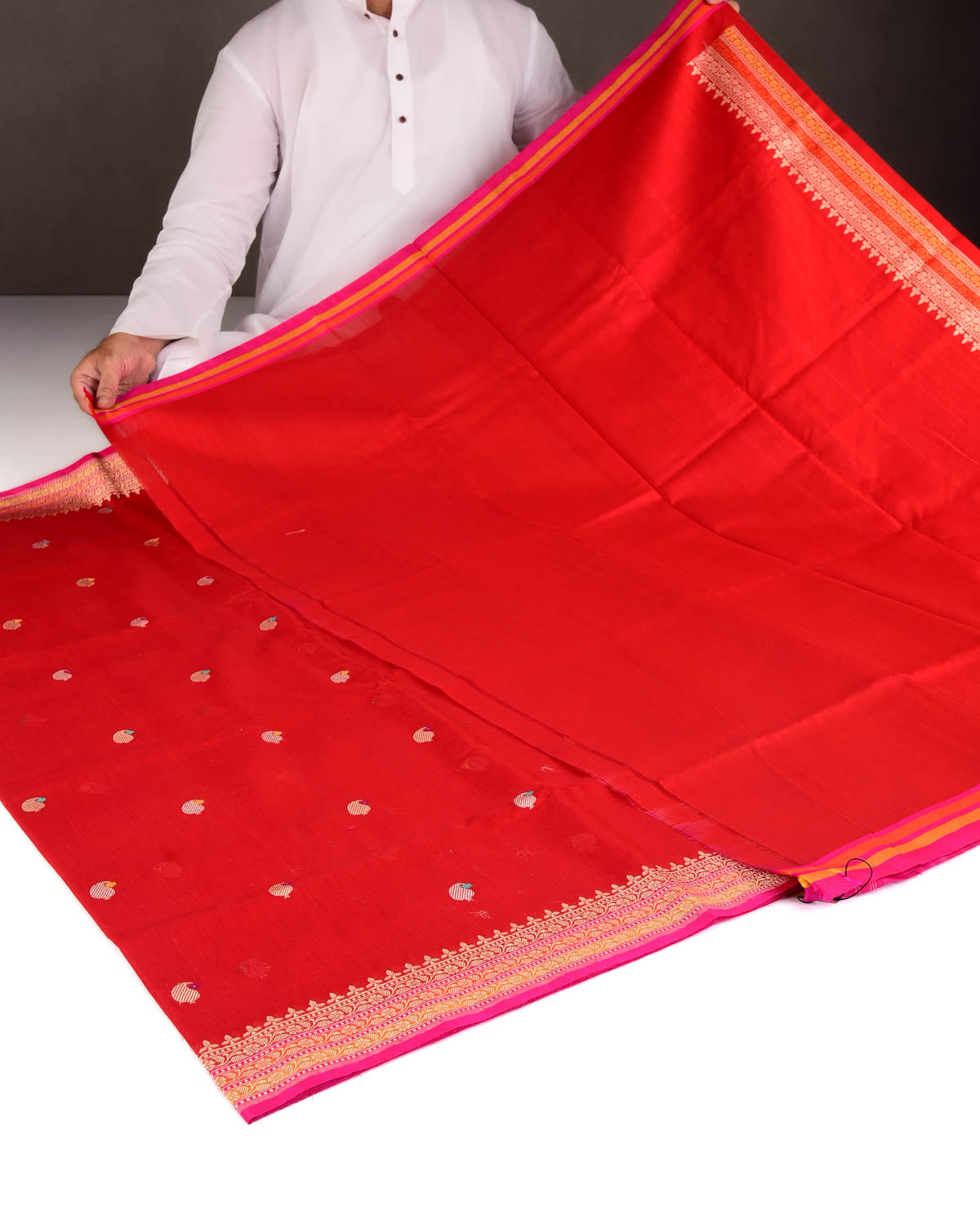 Red Gold & Silver Zari & Resham Kairy Buti Kadhuan Brocade Handwoven Cotton Silk Banarasi Saree