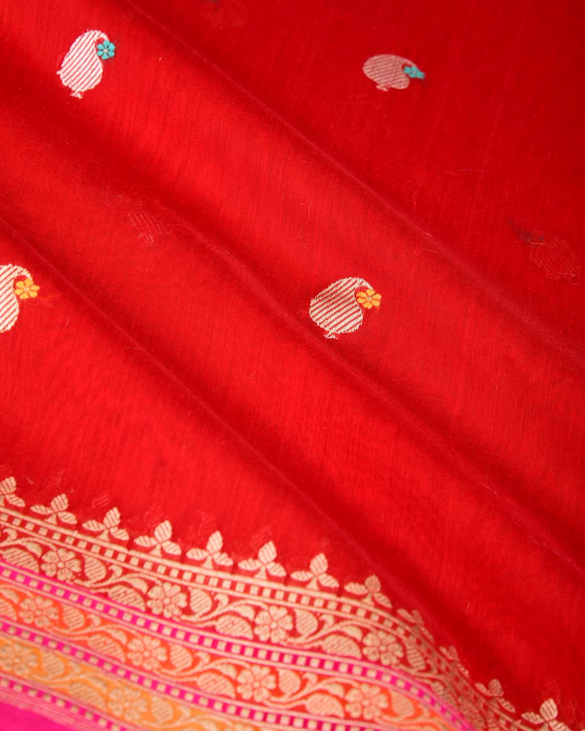 Red Gold & Silver Zari & Resham Kairy Buti Kadhuan Brocade Handwoven Cotton Silk Banarasi Saree