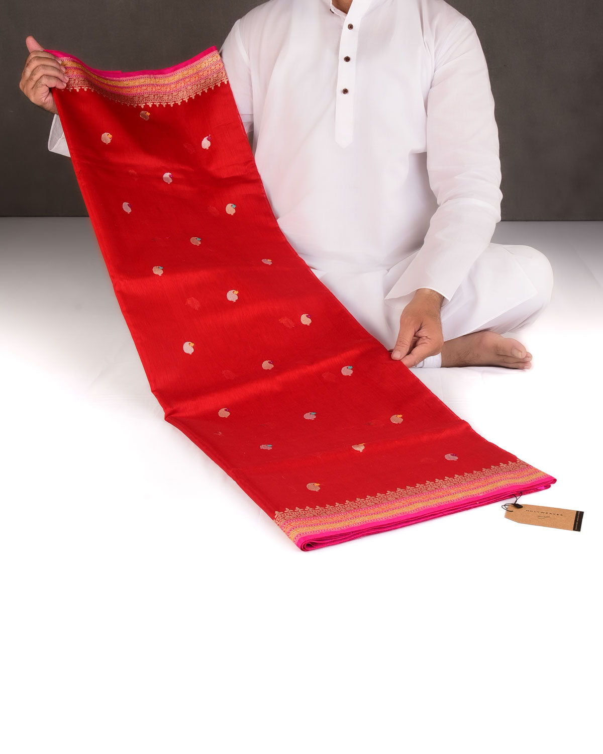 Red Gold & Silver Zari & Resham Kairy Buti Kadhuan Brocade Handwoven Cotton Silk Banarasi Saree
