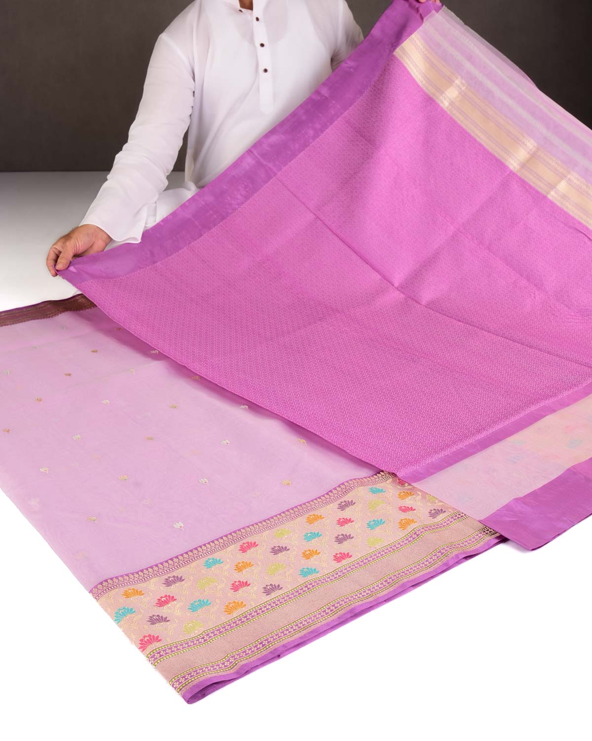 Mauve Gold & Silver Zari & Resham Kamal Buti Kadhuan Brocade Handwoven Kora Silk Banarasi Saree with Meenekari Border Pallu