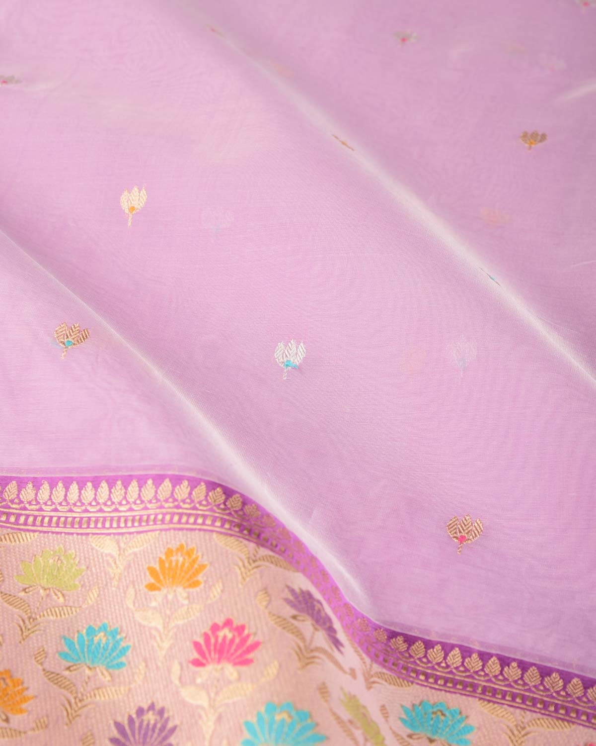 Mauve Gold & Silver Zari & Resham Kamal Buti Kadhuan Brocade Handwoven Kora Silk Banarasi Saree with Meenekari Border Pallu