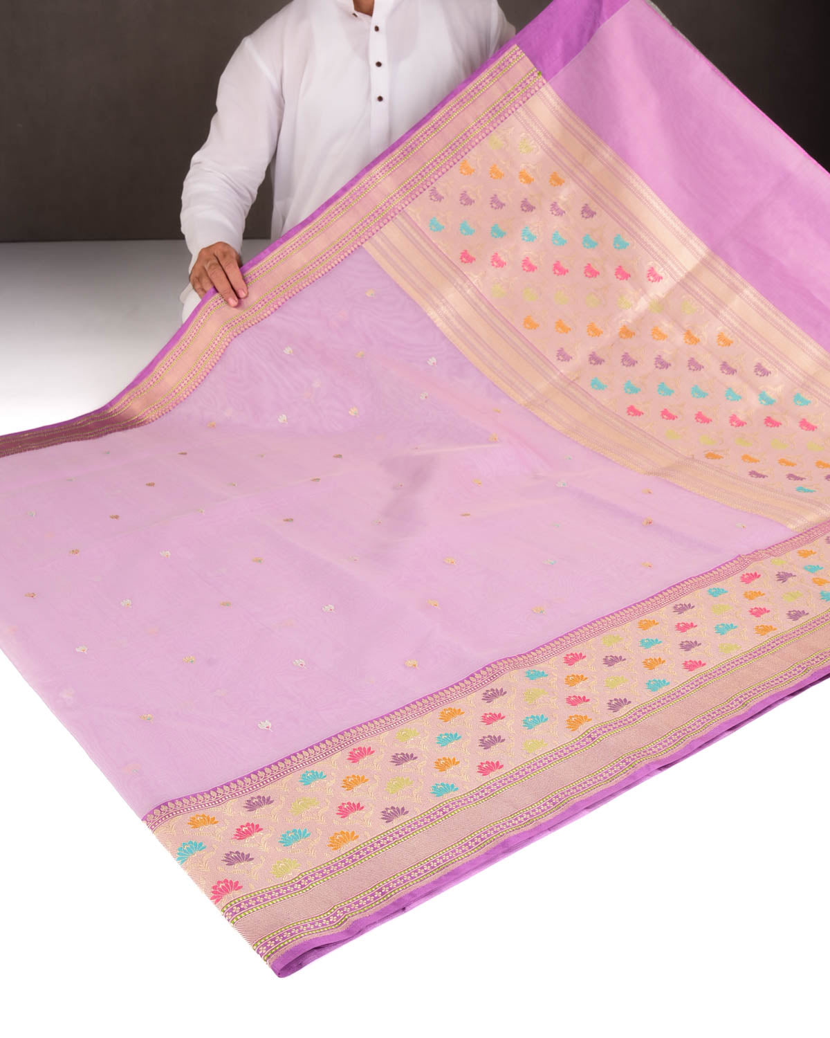 Mauve Gold & Silver Zari & Resham Kamal Buti Kadhuan Brocade Handwoven Kora Silk Banarasi Saree with Meenekari Border Pallu