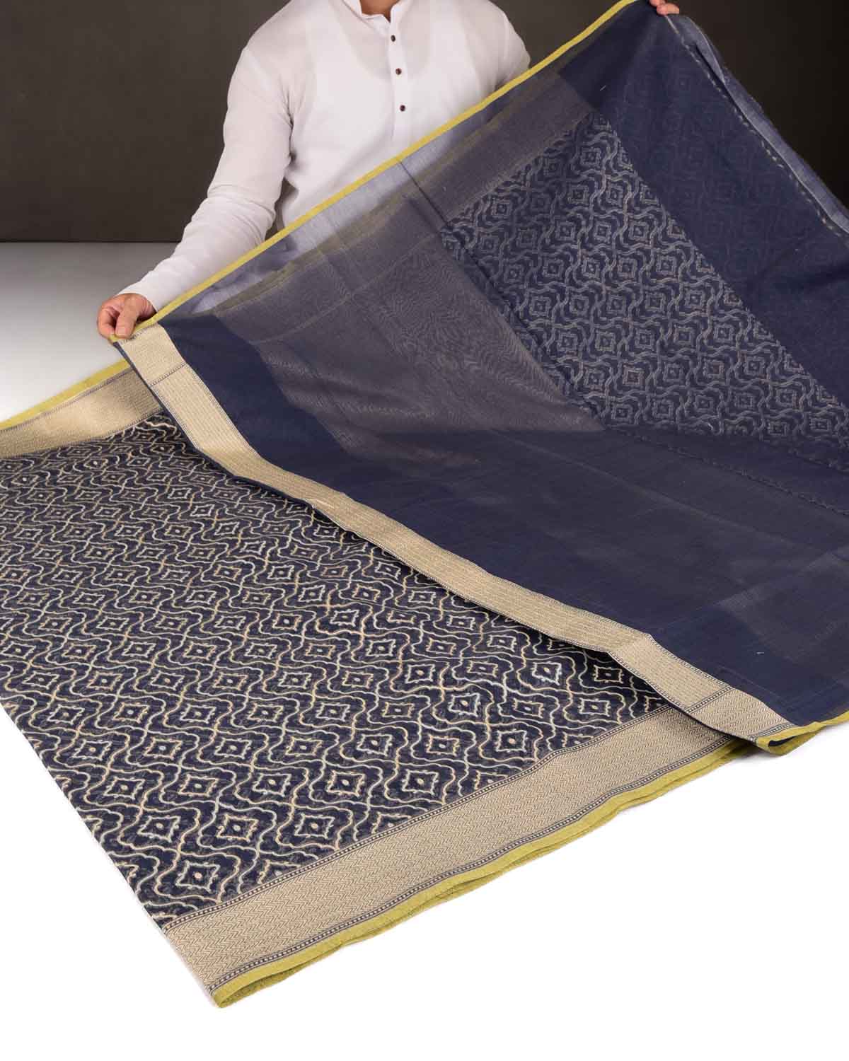 Navy Blue Gold Zari & Resham Jangla Cutwork Brocade Woven Cotton Silk Banarasi Saree-HolyWeaves