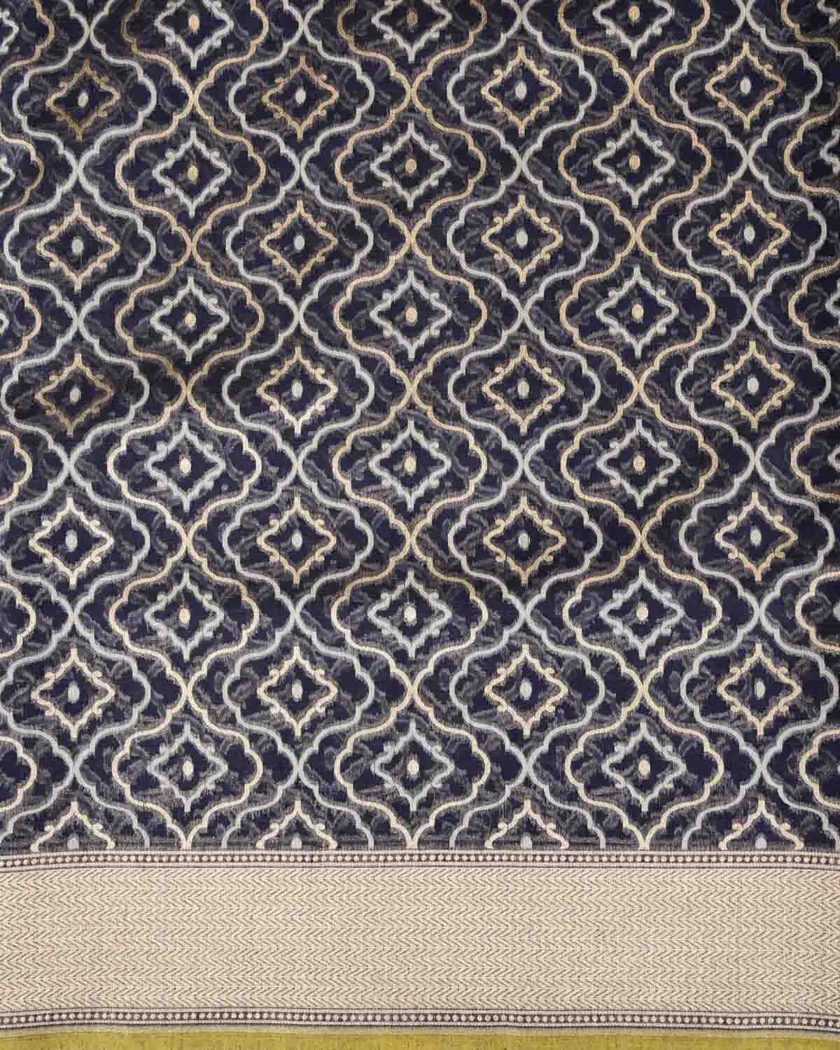 Navy Blue Gold Zari & Resham Jangla Cutwork Brocade Woven Cotton Silk Banarasi Saree-HolyWeaves