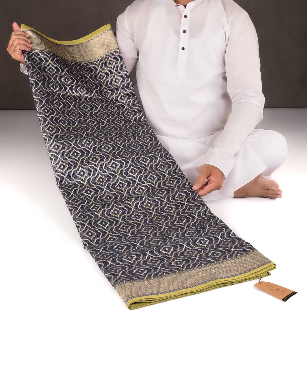 Navy Blue Gold Zari & Resham Jangla Cutwork Brocade Woven Cotton Silk Banarasi Saree-HolyWeaves
