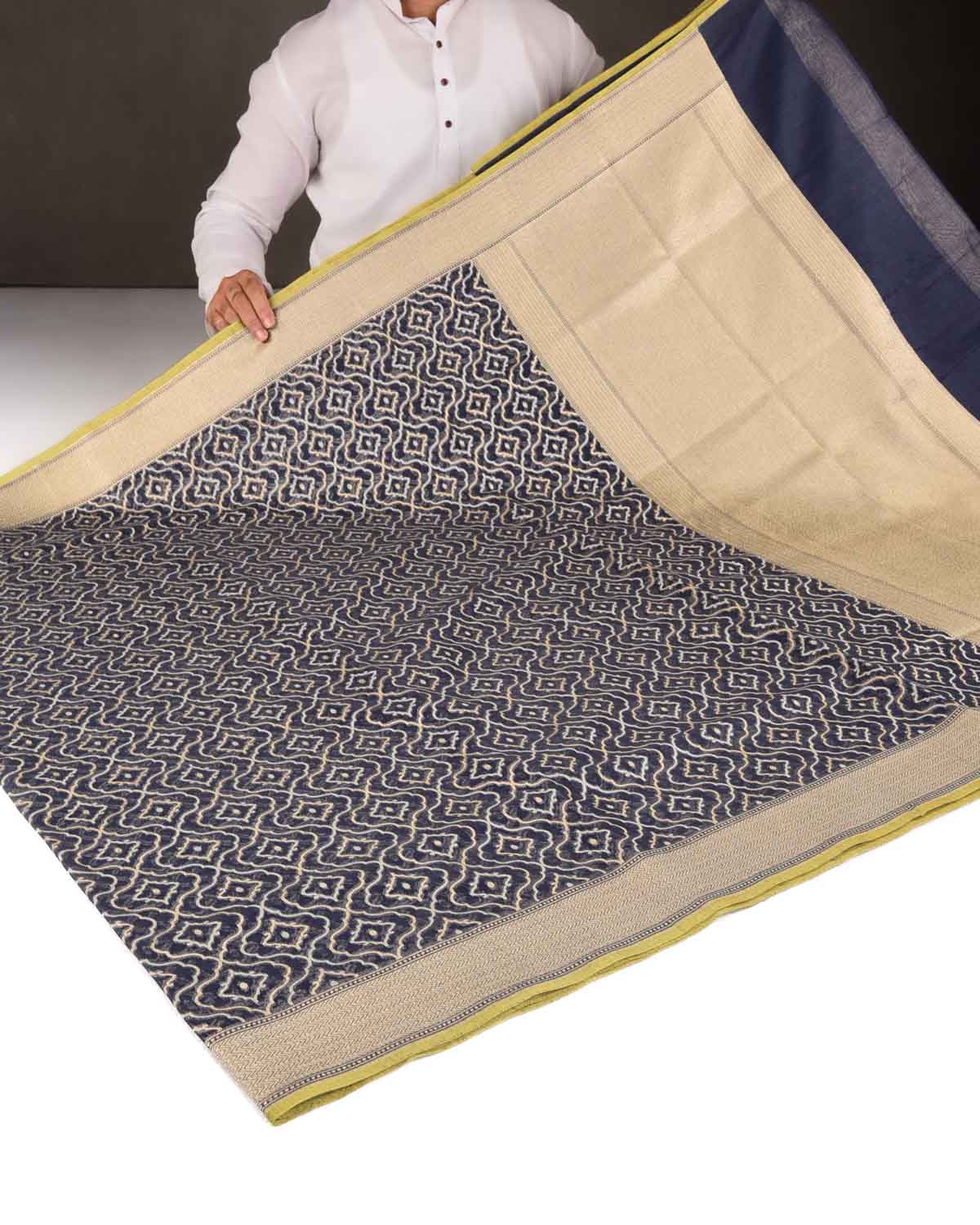 Navy Blue Gold Zari & Resham Jangla Cutwork Brocade Woven Cotton Silk Banarasi Saree-HolyWeaves