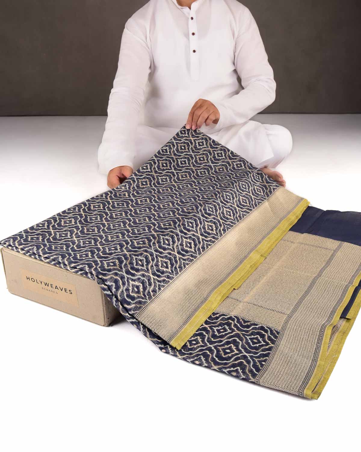 Navy Blue Gold Zari & Resham Jangla Cutwork Brocade Woven Cotton Silk Banarasi Saree