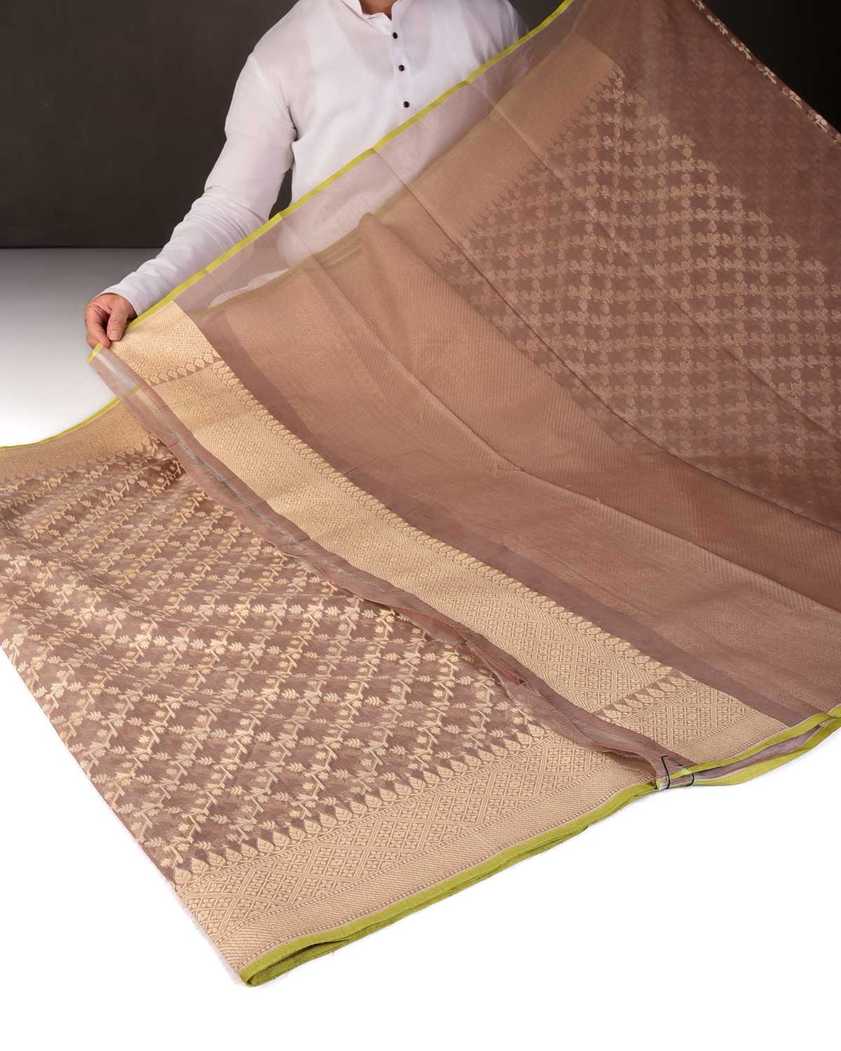 Rosy Brown Gold Zari & Resham Diagonal Bel Cutwork Brocade Woven Cotton Silk Banarasi Saree-HolyWeaves