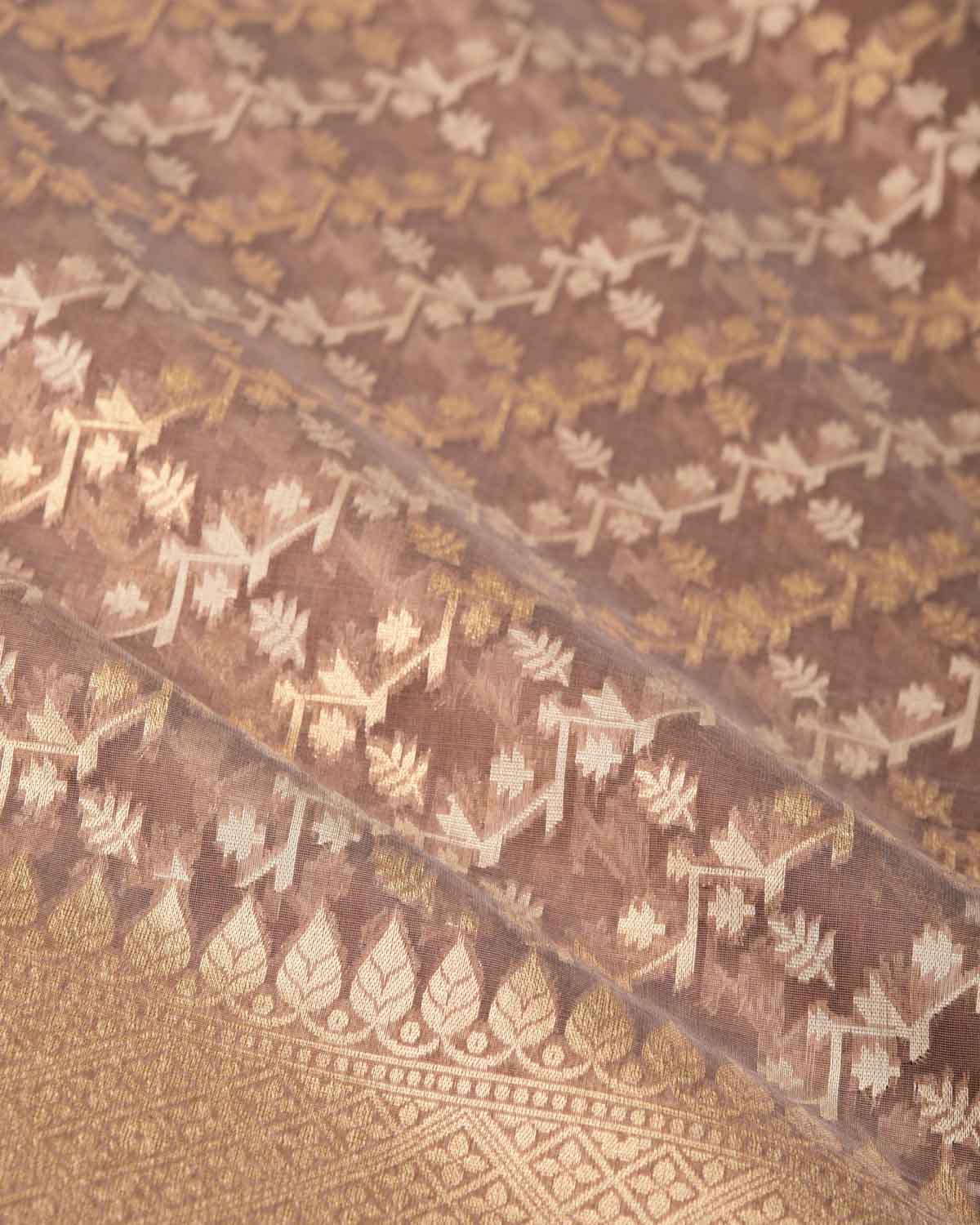 Rosy Brown Gold Zari & Resham Diagonal Bel Cutwork Brocade Woven Cotton Silk Banarasi Saree-HolyWeaves
