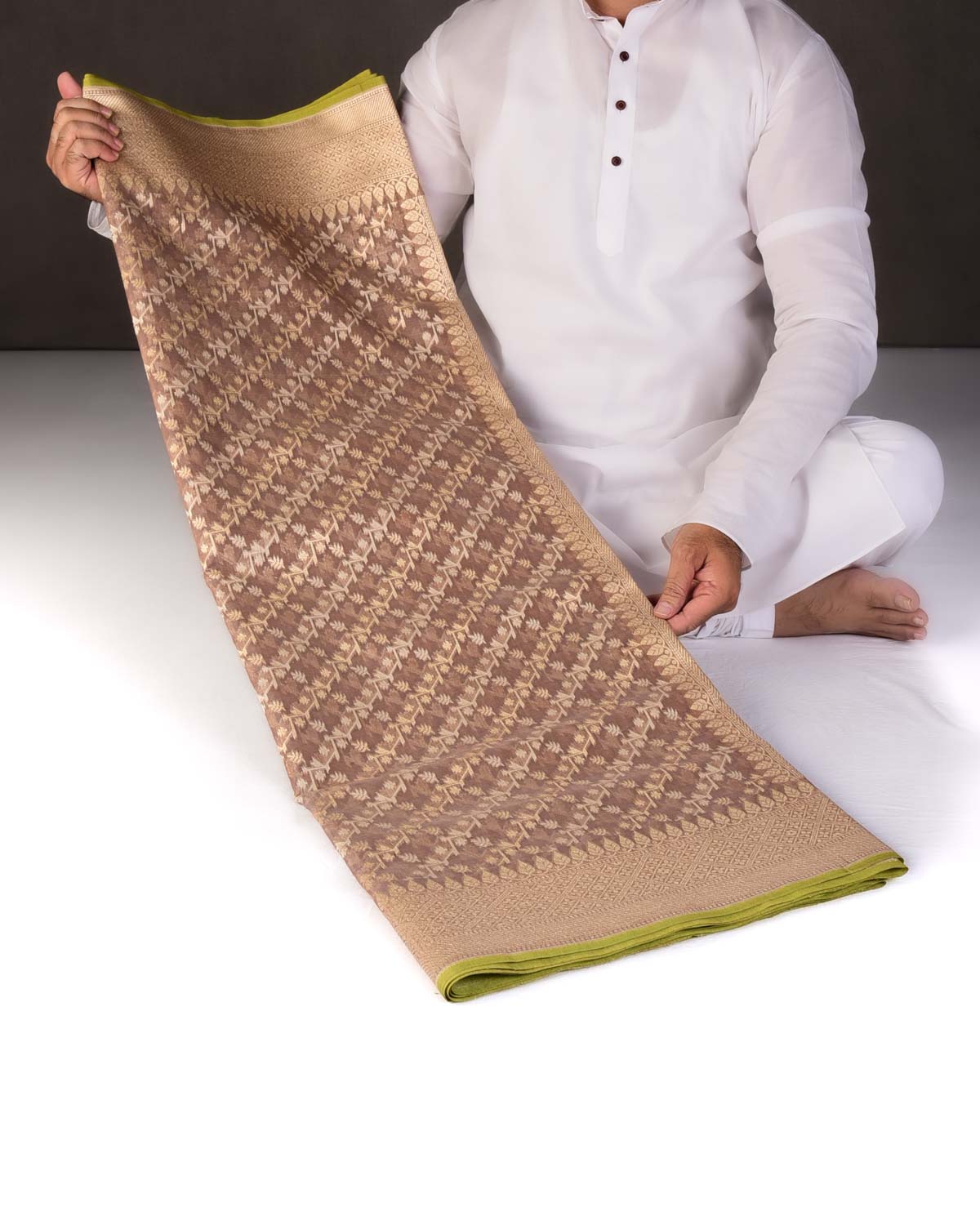 Rosy Brown Gold Zari & Resham Diagonal Bel Cutwork Brocade Woven Cotton Silk Banarasi Saree-HolyWeaves
