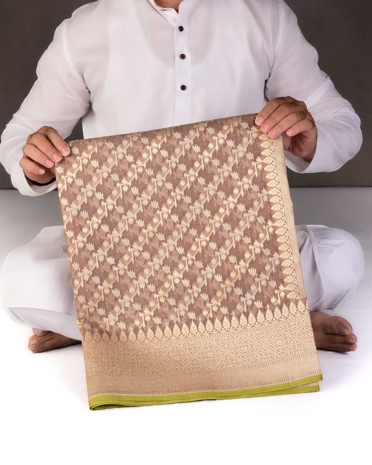 Rosy Brown Gold Zari & Resham Diagonal Bel Cutwork Brocade Woven Cotton Silk Banarasi Saree