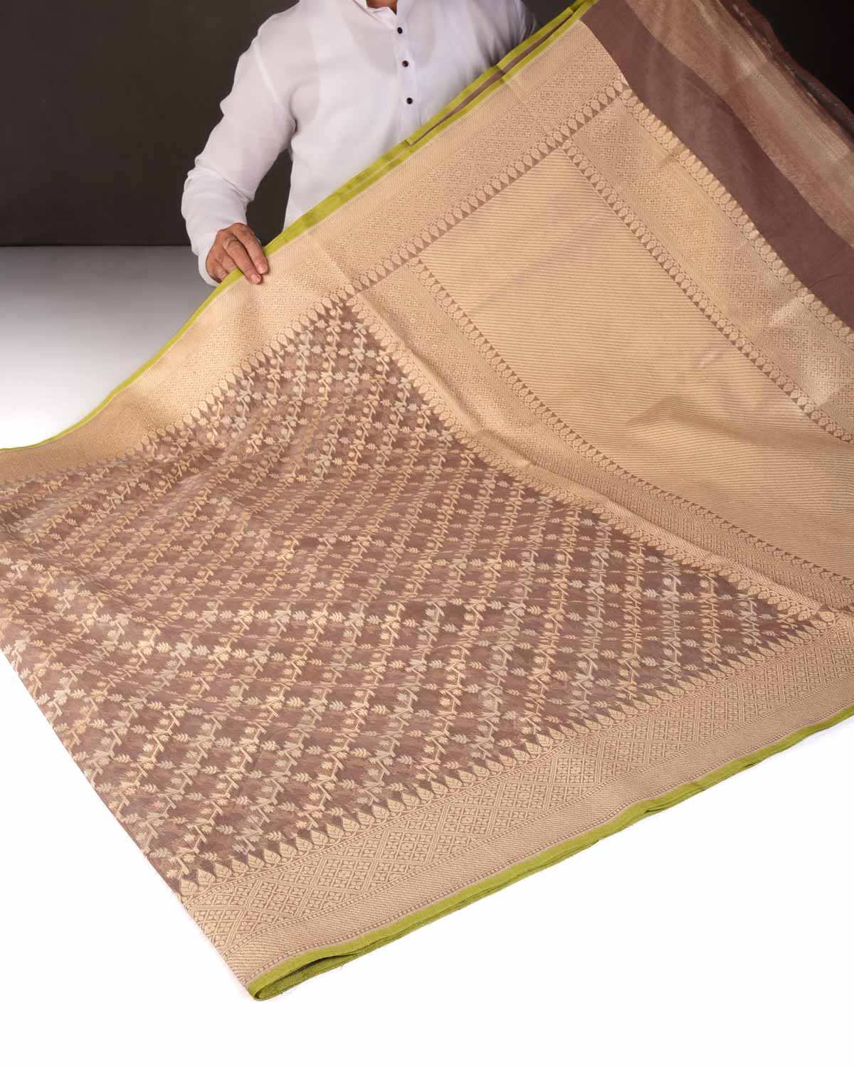 Rosy Brown Gold Zari & Resham Diagonal Bel Cutwork Brocade Woven Cotton Silk Banarasi Saree-HolyWeaves