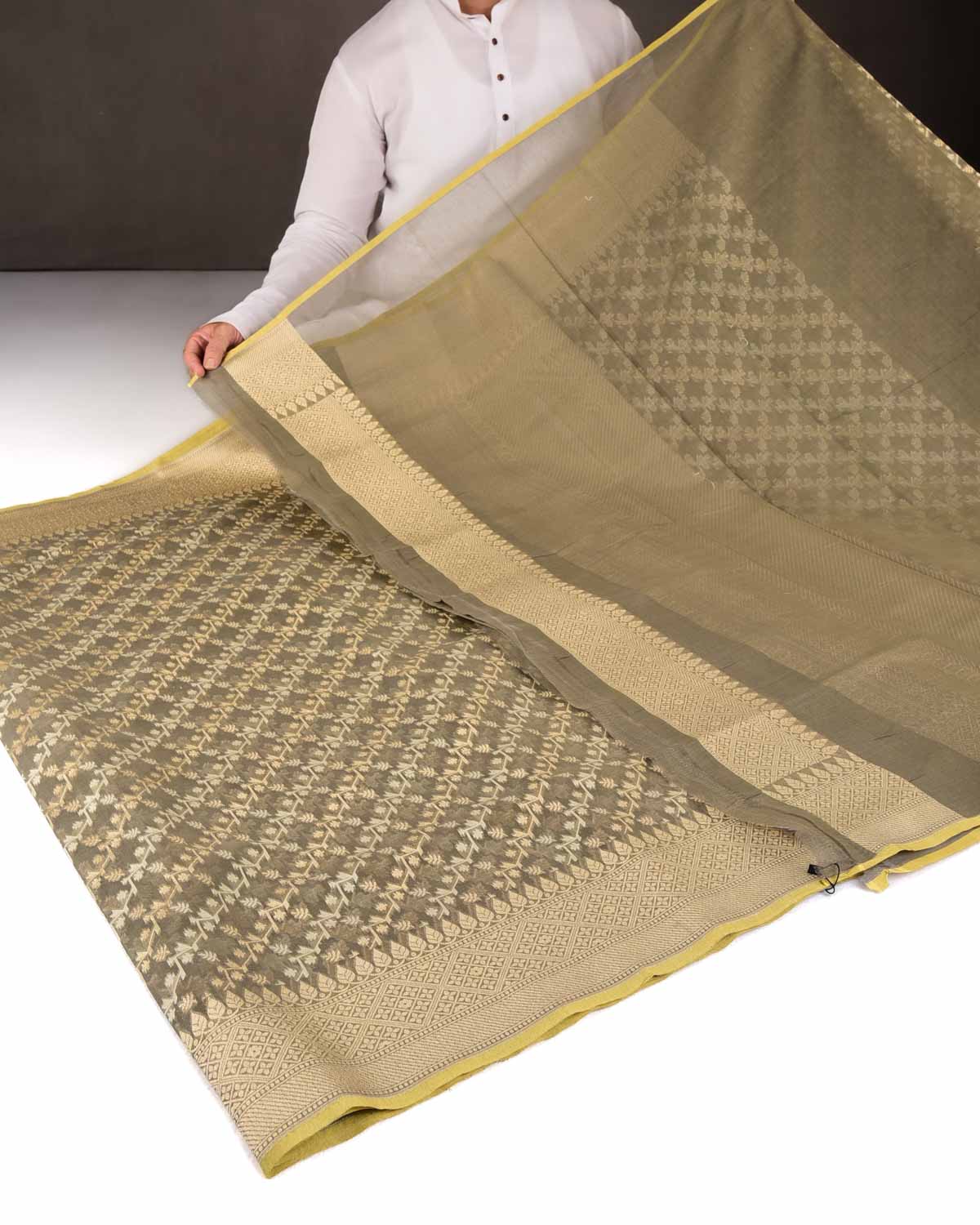 Gray Green Gold Zari & Resham Diagonal Bel Cutwork Brocade Woven Cotton Silk Banarasi Saree-HolyWeaves