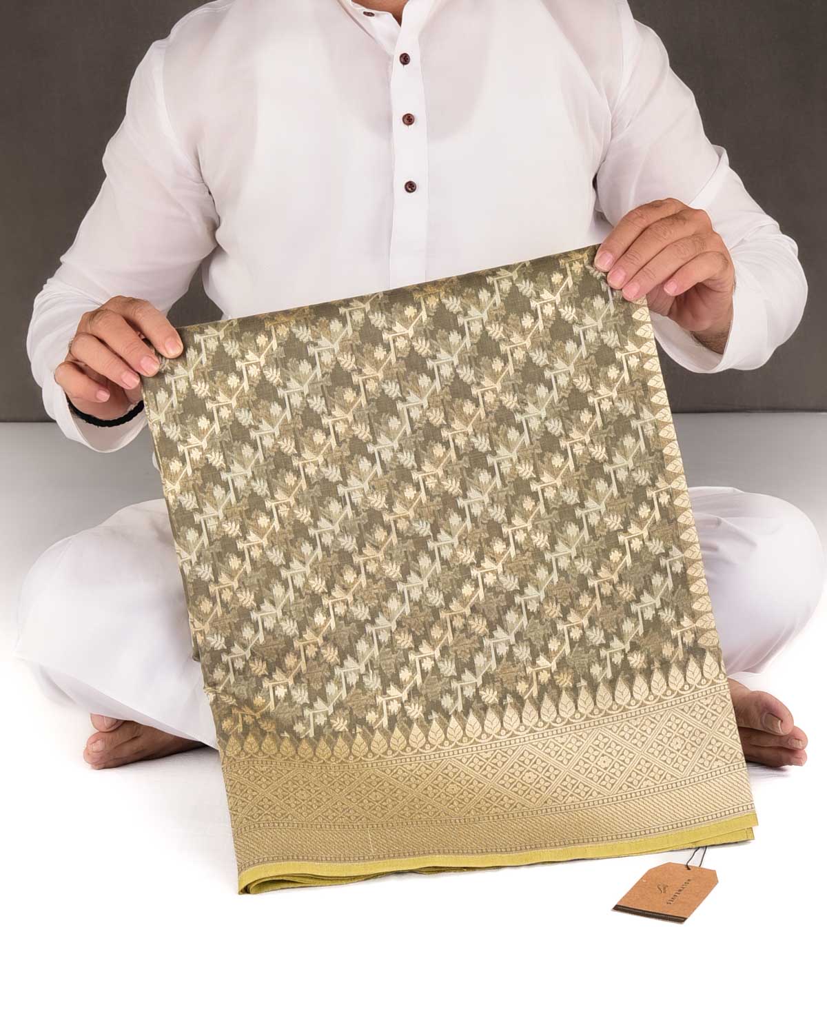 Gray Green Gold Zari & Resham Diagonal Bel Cutwork Brocade Woven Cotton Silk Banarasi Saree