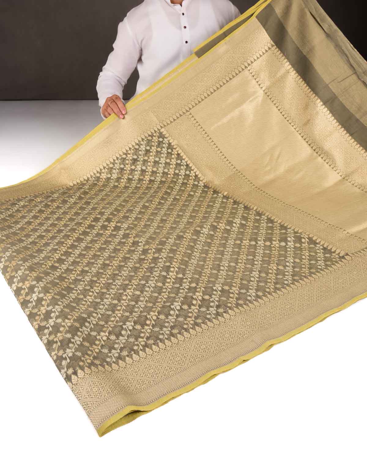 Gray Green Gold Zari & Resham Diagonal Bel Cutwork Brocade Woven Cotton Silk Banarasi Saree-HolyWeaves