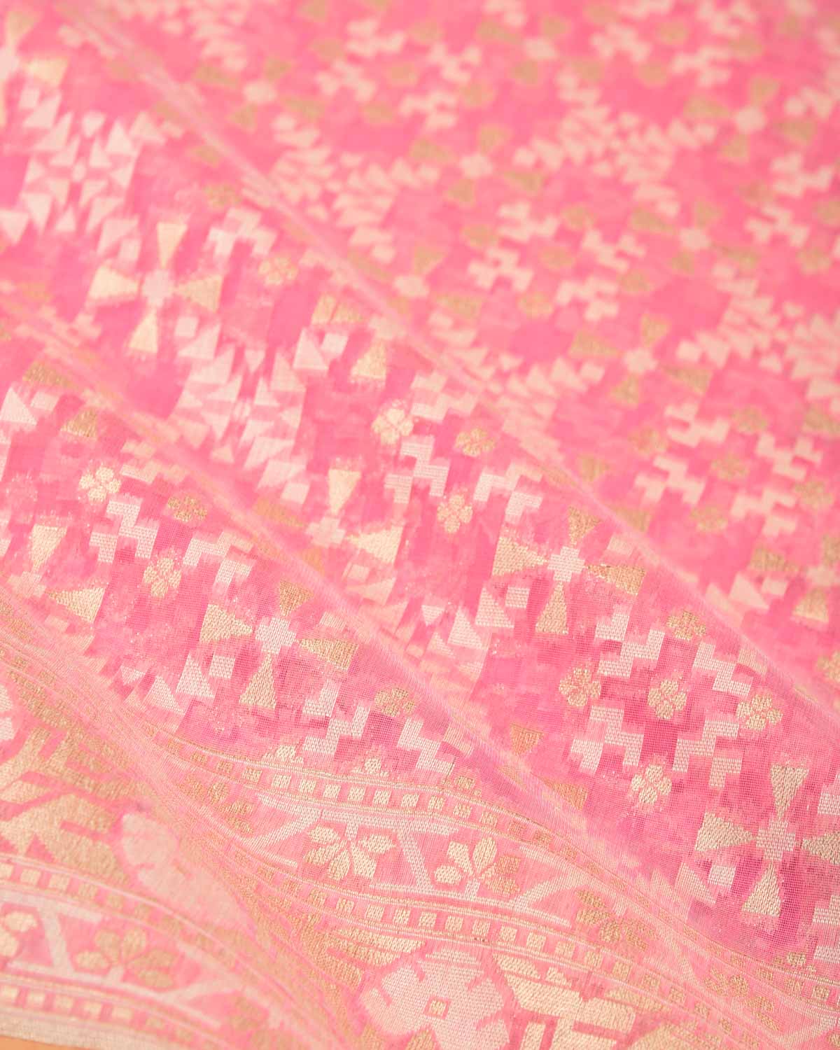 Light Coral Pink Gold Zari & Resham Patola Cutwork Brocade Woven Cotton Silk Banarasi Saree-HolyWeaves