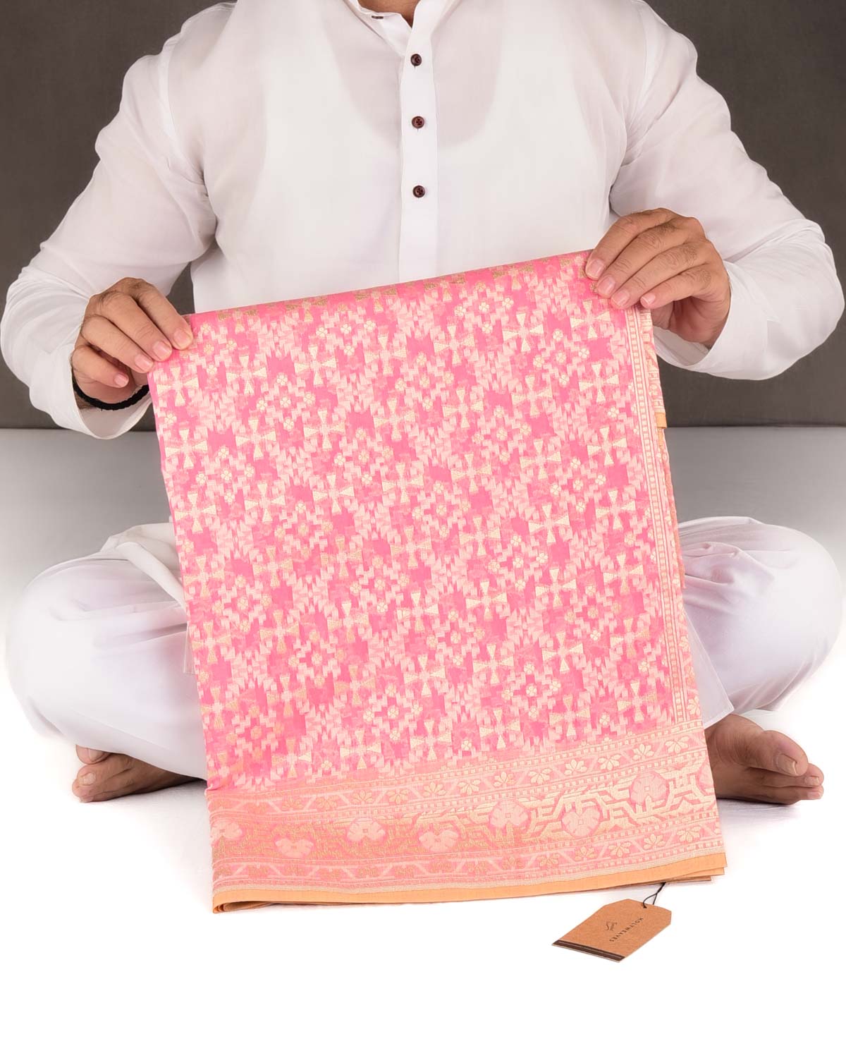 Light Coral Pink Gold Zari & Resham Patola Cutwork Brocade Woven Cotton Silk Banarasi Saree-HolyWeaves