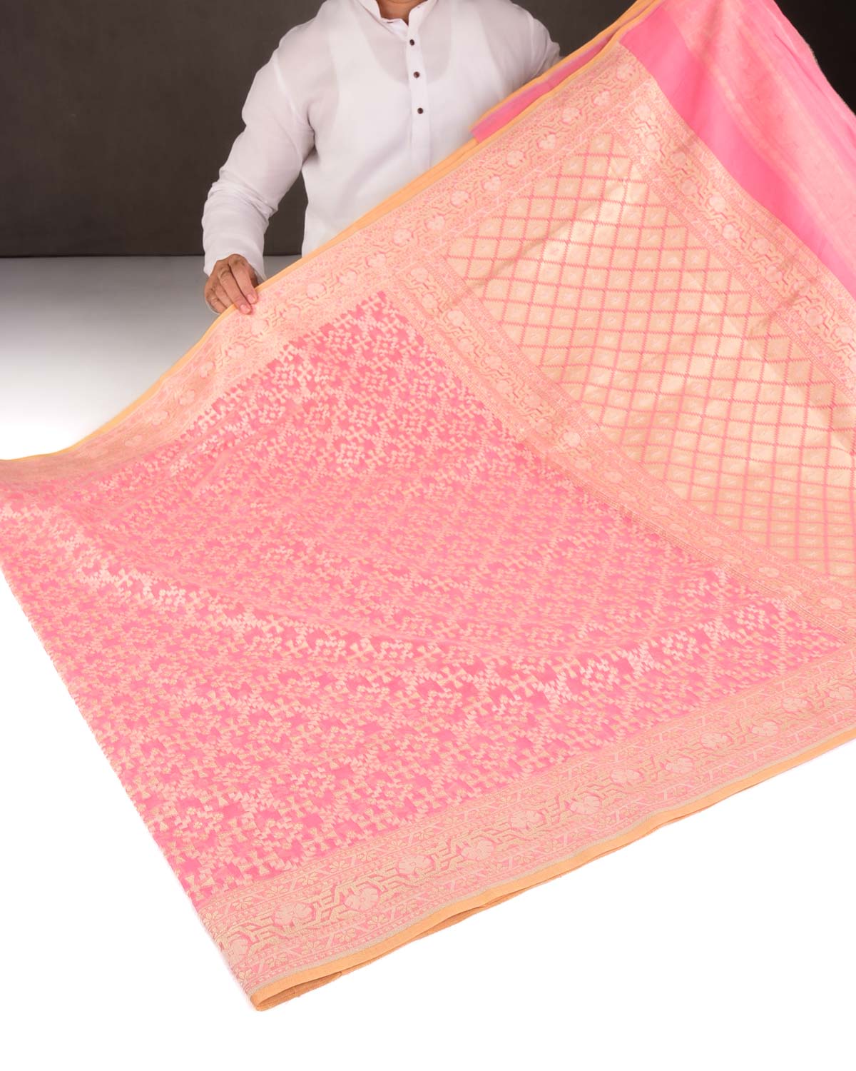 Light Coral Pink Gold Zari & Resham Patola Cutwork Brocade Woven Cotton Silk Banarasi Saree-HolyWeaves