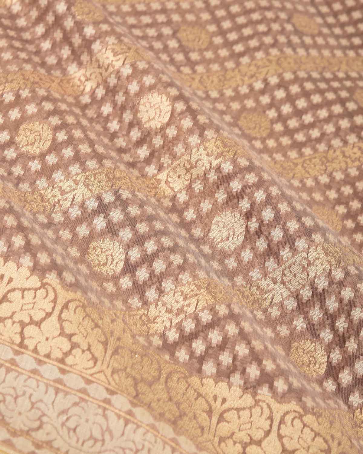 Brown Gold Zari & Resham Aada Jaal Cutwork Brocade Woven Cotton Silk Banarasi Saree