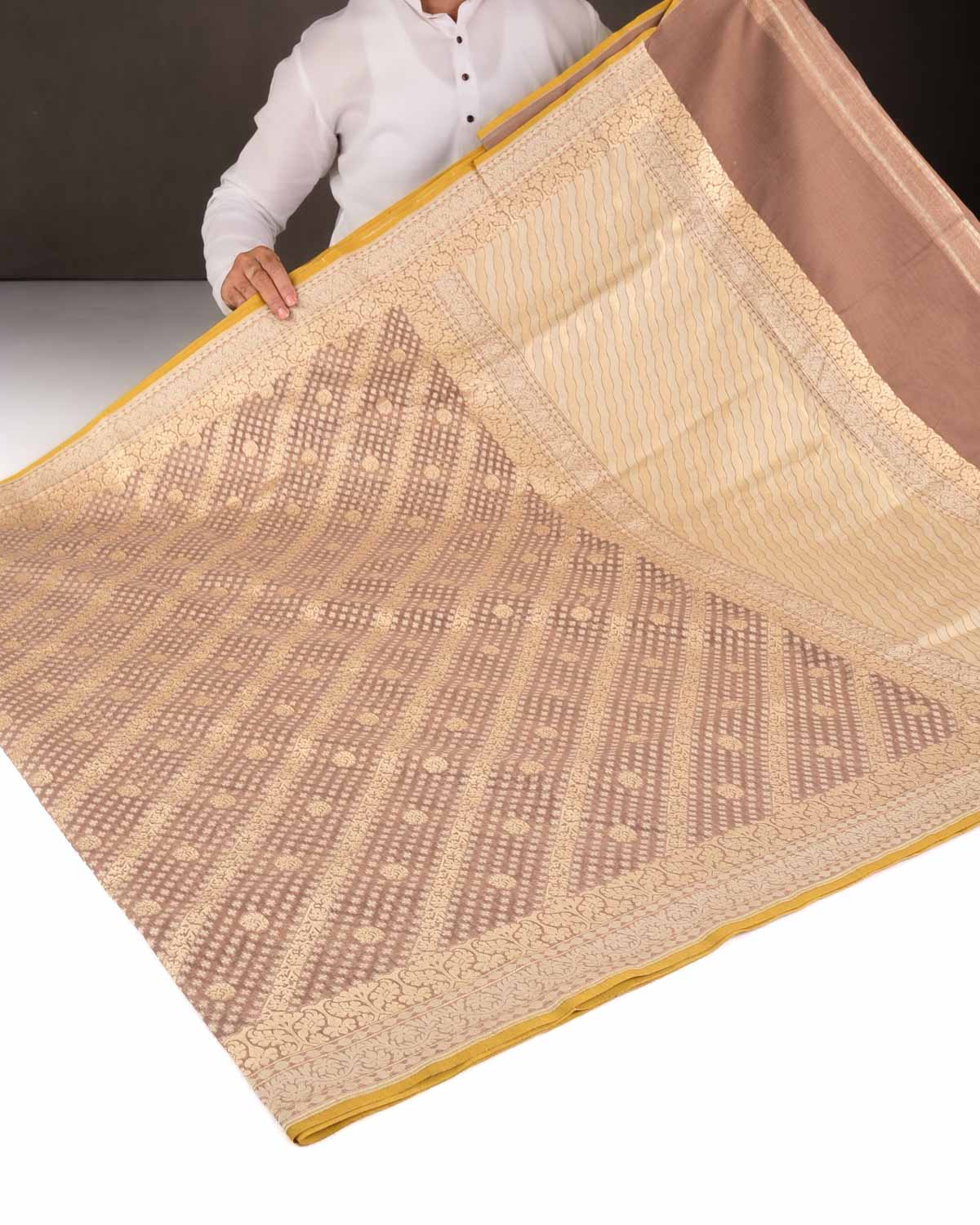 Brown Gold Zari & Resham Aada Jaal Cutwork Brocade Woven Cotton Silk Banarasi Saree